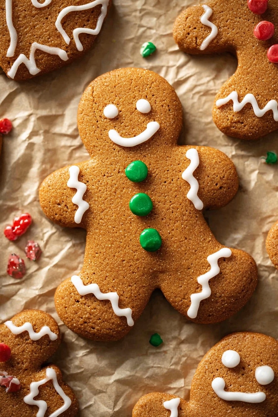 The image shows a group of gingerbread cookies on crinkled light brown paper placed on a white marbled surface. The main cookie in the center is a gingerbread person with a smiling face made of two small white dots for eyes and a curved white line for the mouth. It has three green round candy buttons on its torso. White icing decorates the edges of the arms and legs with zigzag lines and outlines the entire body. Surrounding it are other gingerbread cookies with white icing details and red and green small candy pieces scattered around. The lighting is warm, highlighting the texture of the cookies clearly. Photo taken with an iphone --ar 2:3 --v 7 - Homemade Gingerbread Cookies, gingerbread cookies recipe, holiday gingerbread cookies, soft chewy gingerbread cookies, festive gingerbread treats