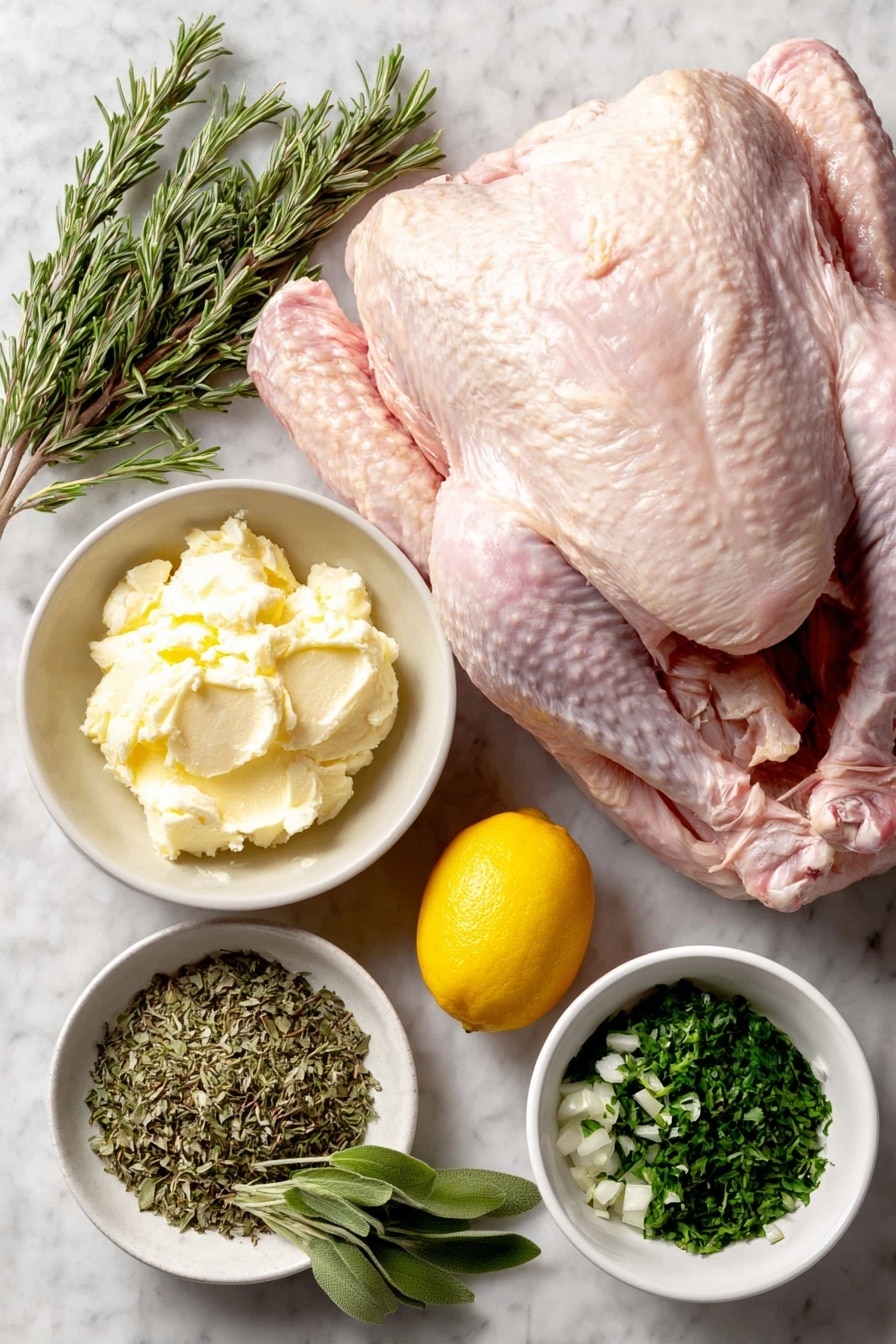 Flat lay of a whole raw turkey with pale pink skin, a small mound of softened butter in a simple white ceramic bowl, a small white bowl of minced garlic, a small white bowl containing finely chopped fresh sage leaves, a small white bowl with finely chopped fresh rosemary, a small white bowl holding finely chopped fresh thyme leaves, a small white bowl filled with finely chopped fresh parsley leaves, a peeled and quartered yellow onion, a bright yellow lemon quartered, assorted whole fresh herb sprigs including sage, rosemary, thyme, and parsley arranged loosely, all placed on a clean white marble surface, soft natural light, photo taken with an iPhone, professional food photography style, fresh ingredients, white ceramic bowls, no bottles, no duplicates, no utensils, no packaging --ar 2:3 --v 7 --p awthu7i m7354615311229779997 - Herb Roasted Turkey, juicy turkey recipe, flavorful roasted turkey, holiday turkey ideas, easy turkey cooking
