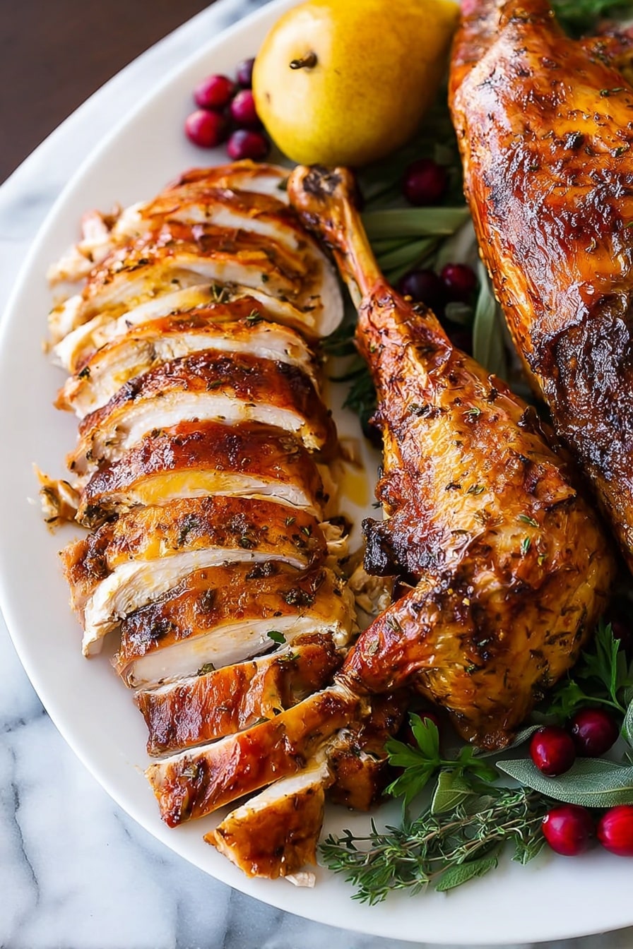 A white plate holds a large roasted turkey with a golden brown crispy skin, sliced into even pieces showing juicy white meat inside. The turkey leg and wing are still whole and placed around the sliced breast. On the plate next to the turkey, there is a yellow pear and small red cranberries, with fresh green herb leaves scattered around, all resting on a white marbled surface. The turkey skin has a slightly charred and glistening texture with visible seasoning. Photo taken with an iphone --ar 2:3 --v 7 - Herb Roasted Turkey, juicy turkey recipe, flavorful roasted turkey, holiday turkey ideas, easy turkey cooking