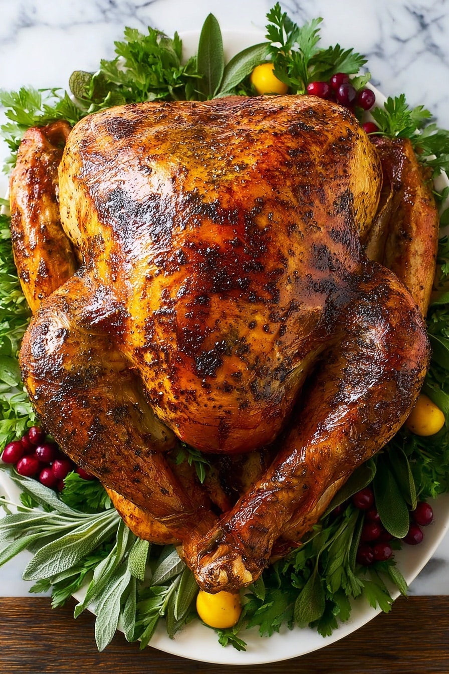 A whole roasted turkey with a golden brown, slightly shiny and crispy skin with dark brown seasoning spots covering the entire outer surface. The turkey is centered on a white plate and surrounded by fresh green leafy herbs like parsley and sage, along with clusters of bright red cranberries and small yellow fruits. The background is a white marbled texture. The turkey’s wings and legs are tucked in close to the body, and the overall look is warm, rich, and inviting. Photo taken with an iphone --ar 2:3 --v 7 - Herb Roasted Turkey, juicy turkey recipe, flavorful roasted turkey, holiday turkey ideas, easy turkey cooking