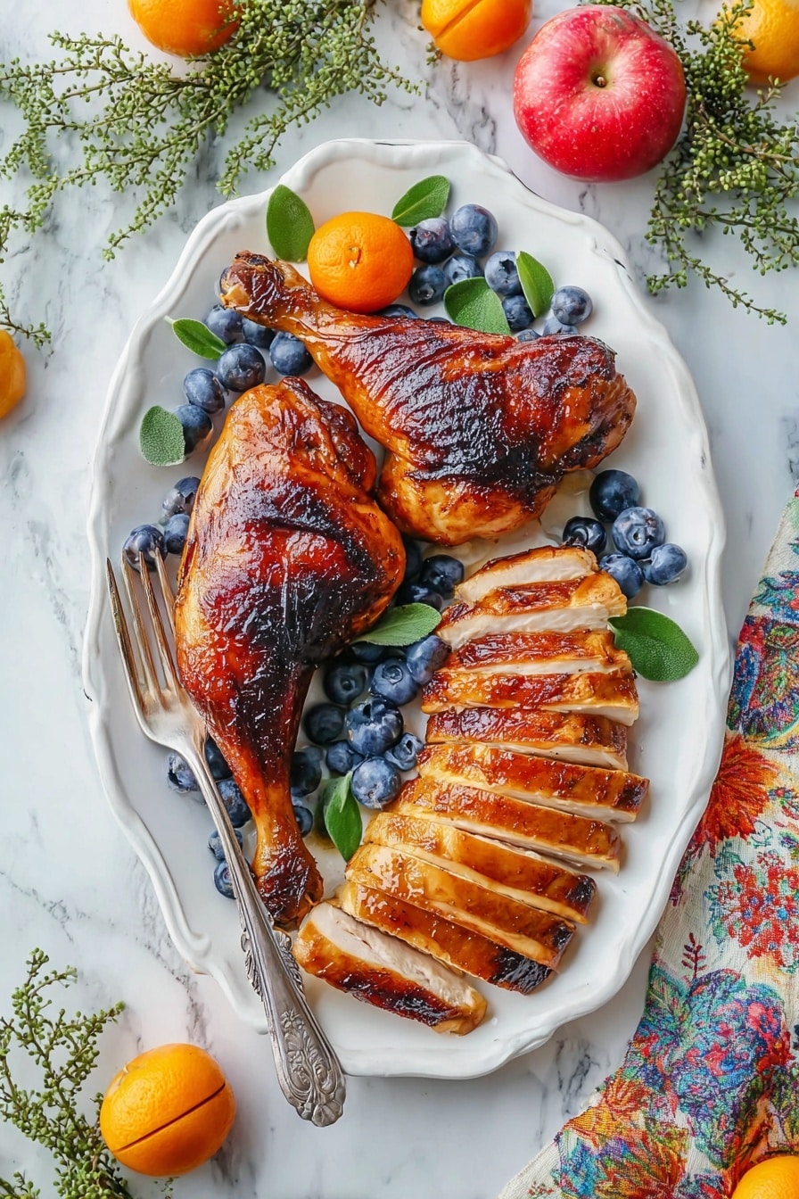 A white oval plate holds two dark brown cooked chicken drumsticks on the left side, their skin crispy and shiny. To the right of them, there are thick slices of golden brown roasted chicken breast arranged in two neat rows. Blueberries and green leaves are scattered around the chicken pieces for decoration. At the top of the plate, there is a small red apple and a cluster of blueberries. Near the bottom, a small orange fruit adds color. A vintage silver fork rests on the left edge of the plate. The plate sits on a white marbled surface, with some leafy green sprigs and orange fruits near the top left and a colorful cloth napkin on the bottom right. photo taken with an iphone --ar 2:3 --v 7 - Maple Glazed Roast Turkey, Maple Glazed Turkey, Holiday Turkey, Juicy Roast Turkey, Sweet Savory Turkey