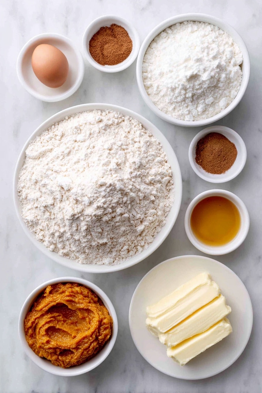 Flat lay of a small mound of white whole wheat flour, a white ceramic bowl with light brown baking powder, a small white bowl containing ground cinnamon, another small white bowl with ground nutmeg, a pinch of salt scattered neatly, a small white bowl of creamy milk, a smooth dollop of bright orange pumpkin purée on a white plate, a single whole uncracked brown egg, a small white bowl filled with golden maple syrup, a small white bowl of pale vanilla extract, and a white plate holding two tablespoons of melted butter, arranged symmetrically on a clean white marble surface, soft natural light, photo taken with an iPhone, professional food photography style, fresh ingredients, white ceramic bowls, no bottles, no duplicates, no utensils, no packaging --ar 2:3 --v 7 --p awthu7i m7354615311229779997 - Whole Wheat Pumpkin Pancakes, pumpkin breakfast ideas, healthy autumn pancakes, cozy fall brunch recipes, fluffy pumpkin pancakes