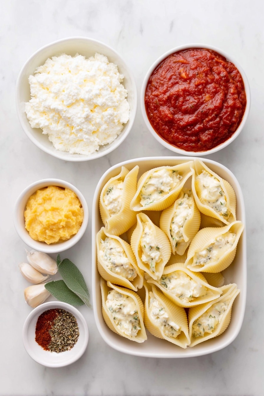 Flat lay of jumbo pasta shells, a small white bowl of whole milk ricotta cheese, a small white bowl of pumpkin puree, a small white bowl of grated parmesan cheese, two cloves of garlic, a few fresh sage leaves finely minced, a small white bowl of vibrant red marinara sauce, a pinch each of ground cinnamon and ground nutmeg, coarse salt and cracked black pepper arranged neatly in small white bowls, placed on a clean white marble surface, soft natural light, photo taken with an iPhone, professional food photography style, fresh ingredients, white ceramic bowls, no bottles, no duplicates, no utensils, no packaging --ar 2:3 --v 7 --p awthu7i m7354615311229779997 - Pumpkin Stuffed Shells with Ricotta, Pumpkin stuffed shells, Fall pasta recipes with pumpkin, Easy pumpkin pasta bake, Creamy pumpkin ricotta shells