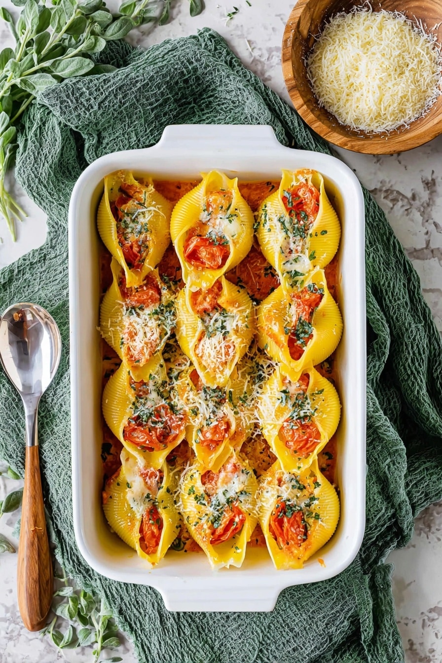 The image shows a white rectangular baking dish filled with bright yellow pasta shells arranged in two neat rows, each stuffed and topped with orange tomato slices and sprinkled with grated white cheese and small green herb pieces. The dish sits on a green cloth over a white marbled surface, with a wooden bowl of grated cheese to the right and a spoon with a wooden handle to the left. Fresh green herb leaves are also scattered around the setup. Photo taken with an iphone --ar 2:3 --v 7 - Pumpkin Stuffed Shells with Ricotta, Pumpkin stuffed shells, Fall pasta recipes with pumpkin, Easy pumpkin pasta bake, Creamy pumpkin ricotta shells