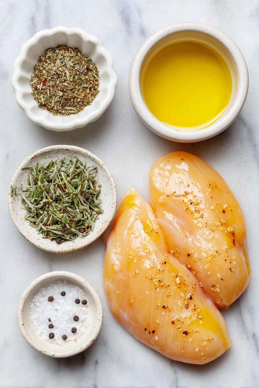 Flat lay of two boneless, skinless chicken breasts with a light sheen of oil, a small white ceramic bowl filled with golden olive oil, a small white ceramic bowl containing a mixed heap of dried basil, thyme, and oregano herbs, a small white ceramic bowl with fine garlic powder, a small white ceramic bowl with coarse sea salt and freshly cracked black peppercorns, arranged symmetrically on a clean white marble surface, soft natural light, photo taken with an iPhone, professional food photography style, fresh ingredients, white ceramic bowls, no bottles, no duplicates, no utensils, no packaging --ar 2:3 --v 7 --p awthu7i m7354615311229779997 - Herb Baked Chicken Breast, baked chicken breast recipes, easy herb chicken, juicy baked chicken, healthy chicken dinner