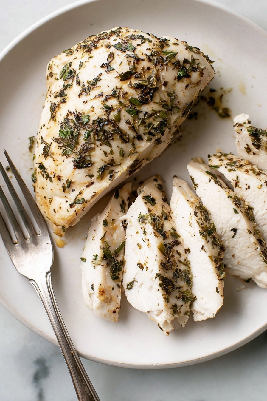Two cooked chicken breasts with a light golden color are placed side by side in a white square baking dish. The chicken is sprinkled with small bits of dark green and brown herbs that cover the top surface of each piece. Some orange-brown spots of cooked juices and herbs stick lightly to the bottom and sides of the dish. A pair of silver tongs rests near the top right corner of the dish on a white marbled surface. The overall setting has a clean, simple look with soft lighting. photo taken with an iphone --ar 2:3 --v 7 - Herb Baked Chicken Breast, baked chicken breast recipes, easy herb chicken, juicy baked chicken, healthy chicken dinner