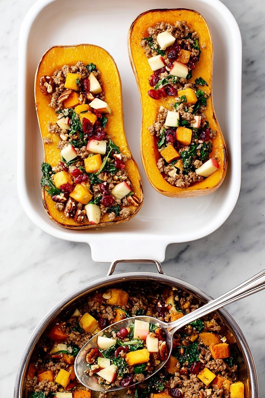 Two halves of roasted butternut squash with a golden-orange smooth surface, placed on a white rectangular baking dish on top of a white marbled surface. Each squash half is filled with a mix of small diced apples with red and cream colors, browned ground meat, green spinach leaves, chopped white onion, dried red cranberries, and pecans, adding variety in texture and color. A silver spoon holding some of the mix is scooping into the squash on the right. Below the baking dish is a silver pan filled with the same mix on the white marbled surface. Photo taken with an iphone --ar 2:3 --v 7 - Apple Sausage Stuffed Butternut Squash, stuffed butternut squash recipe, fall comfort food recipes, healthy stuffed squash, easy baked stuffed squash
