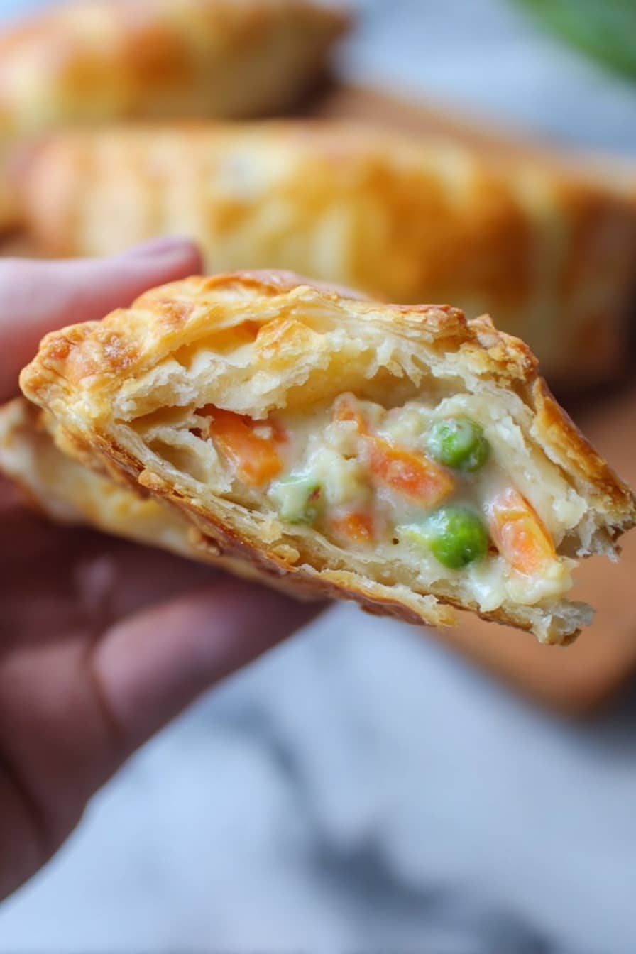 A close-up of a woman's hand holding a half-eaten pastry with a golden brown crust. Inside the pastry, there are three visible layers: a creamy white sauce, mixed with small chunks of orange carrots and bright green peas. The background shows blurred white marbled texture with shapes of other pastries. photo taken with an iphone --ar 2:3 --v 7 - Handheld Chicken Pot Pies, portable chicken pot pie, easy chicken pie recipe, flaky chicken pot pies, savory handheld pies