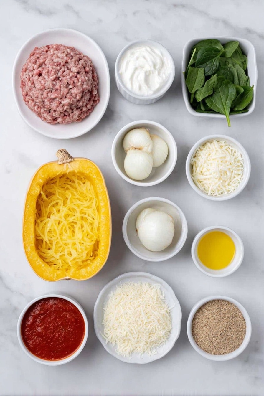 Flat lay of a halved spaghetti squash with vibrant yellow strands, a small white bowl of creamy ricotta cheese, a small white bowl of grated parmesan cheese, a small white bowl of shredded mozzarella cheese, a few fresh basil leaves arranged neatly, a handful of fresh spinach leaves, a small pile of diced yellow onion, three unpeeled garlic cloves, a small white bowl of rich red tomato basil marinara sauce, a small white bowl of golden panko bread crumbs, a small white bowl with bright yellow lemon zest, a whole fresh lemon cut in half, a small white bowl of golden olive oil, a raw portion of ground turkey shaped loosely, sprinkled Italian seasoning and garlic powder visible as fine herbs and powder on the surface, all ingredients placed with perfect symmetry on simple white ceramic bowls and plates, all fresh and natural without packaging or utensils, placed on a clean white marble surface, soft natural light, photo taken with an iPhone, professional food photography style, fresh ingredients, white ceramic bowls, no bottles, no duplicates, no utensils, no packaging --ar 2:3 --v 7 --p awthu7i m7354615311229779997 - Spaghetti Squash Lasagna Bake, healthy lasagna with spaghetti squash, low-carb lasagna recipe, cheesy spaghetti squash casserole, easy healthy dinner recipes