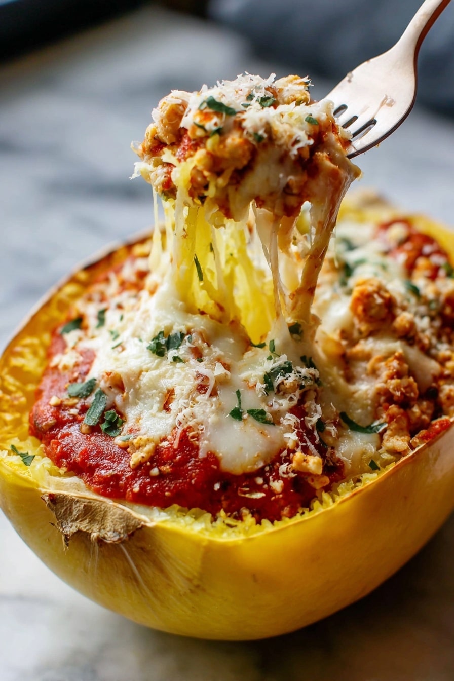 The image shows a yellow spaghetti squash half filled with multiple layers. The bottom layer is made of tender, cooked yellow spaghetti squash strands. On top of this is a thick, rich red tomato sauce mixed with small pieces of chicken and herbs. Over the sauce is a generous layer of melted white cheese that stretches as a woman's hand lifts a forkful. The top is sprinkled with a light layer of finely grated cheese and small bits of green herbs. The entire dish sits on a white marbled surface. photo taken with an iphone --ar 2:3 --v 7 - Spaghetti Squash Lasagna Bake, healthy lasagna with spaghetti squash, low-carb lasagna recipe, cheesy spaghetti squash casserole, easy healthy dinner recipes