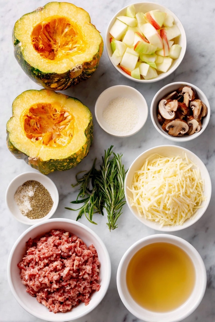 Flat lay of two halved acorn squash with bright orange flesh and green ridged skin, a small white ceramic bowl of golden olive oil, a mound of fresh ground turkey in natural pink tones, a small white bowl filled with diced baby bella mushrooms showcasing their rich brown caps and creamy stems, a small white bowl with peeled and diced honeycrisp apples showing crisp white flesh with red and yellow skin edges, a small white bowl of clear light golden chicken stock, a small bunch of finely chopped fresh rosemary sprigs with vibrant green needles, a small white bowl holding fine garlic powder in pale off-white, another small white bowl with finely ground onion powder in soft beige, a small white bowl containing black pepper in finely ground dark specks, a small white bowl with fine white salt crystals, and a neat pile of shredded cheddar cheese with pale yellow-orange strands—all arranged symmetrically and proportionally on a clean white marble surface, soft natural light, photo taken with an iPhone, professional food photography style, fresh ingredients, white ceramic bowls, no bottles, no duplicates, no utensils, no packaging --ar 2:3 --v 7 --p awthu7i m7354615311229779997 - Stuffed Acorn Squash with Turkey and Apples, savory stuffed acorn squash, fall roasted squash recipes, healthy stuffed squash dinner, cozy autumn squash dish