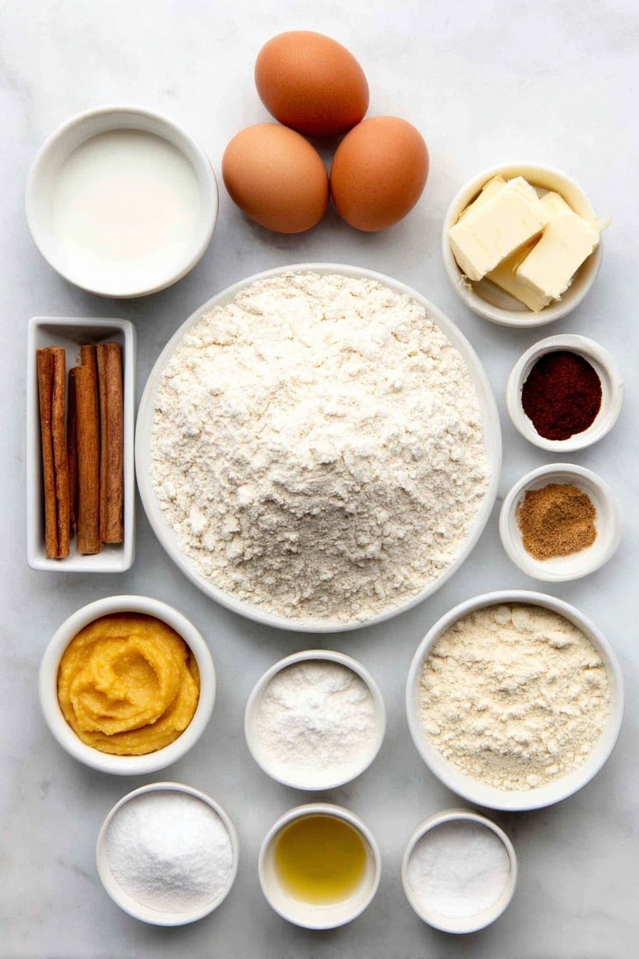 Flat lay of a small mound of all-purpose flour, a small white bowl filled with granulated sugar, a few whole brown cinnamon sticks, small white bowls containing ground ginger, ground nutmeg, ground cloves, and ground allspice, two large whole uncracked brown eggs, a small white bowl of smooth orange pumpkin puree, a small white bowl of milk, a small white bowl of golden canola oil, a small white bowl of vanilla extract, and a small white bowl with a mixture of baking soda, baking powder, and salt all arranged symmetrically in a balanced layout on a clean white marble surface, soft natural light, photo taken with an iPhone, professional food photography style, fresh ingredients, white ceramic bowls, no bottles, no duplicates, no utensils, no packaging --ar 2:3 --v 7 --p awthu7i m7354615311229779997 - Moist Pumpkin Bread, pumpkin bread recipe, easy pumpkin bread, autumn pumpkin bread, cozy pumpkin bread