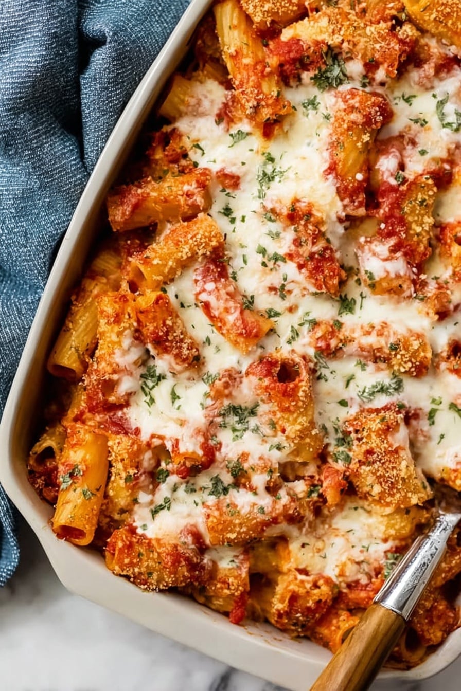 The dish shows a baking pan filled with layered pasta tubes covered in melted white cheese and red tomato sauce. The pasta tubes are golden brown with a crispy texture and are arranged closely together. There are small green herb pieces sprinkled all over the cheese and sauce, adding a fresh color contrast. The surface has an uneven texture where the cheese is melted and slightly browned on top. A silver utensil rests in the corner of the pan, and the pan is set on a white marbled surface with a blue cloth nearby. Photo taken with an iphone --ar 2:3 --v 7 - Cheesy Chicken Parmesan Casserole, Chicken Parmesan casserole, Easy chicken casserole, Baked chicken pasta casserole, Cheesy baked chicken dinner