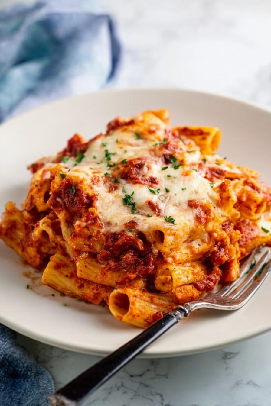 The image shows a white plate filled with rigatoni pasta layered with rich, chunky tomato sauce tinted in deep red and orange hues, mixed with a generous layer of melted cheese on top that is creamy white with slight golden-brown spots. Bits of green herbs are sprinkled across the dish, adding small specks of vibrant color. The pasta shapes are ridged, thick, and well coated with sauce and cheese. A silver fork with a black handle rests on the edge of the plate. The plate is set on a white marbled surface with a softly blurred blue and white cloth in the background. Photo taken with an iphone --ar 2:3 --v 7 - Cheesy Chicken Parmesan Casserole, Chicken Parmesan casserole, Easy chicken casserole, Baked chicken pasta casserole, Cheesy baked chicken dinner