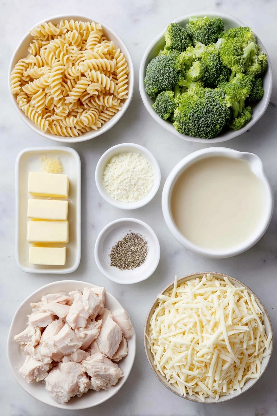 Flat lay of a small pile of uncooked rotini pasta spirals, fresh bright green broccoli florets cut into bite-size pieces, three glossy unsalted butter cubes, a small mound of finely chopped yellow onion, a small heap of all-purpose flour, a small white ceramic bowl filled with pale golden chicken broth, another small white ceramic bowl holding creamy whole milk, a tiny white ceramic bowl with mixed Italian seasoning herbs, a separate tiny white ceramic bowl containing fine garlic powder, a small white ceramic bowl with coarse salt crystals, another small white ceramic bowl with ground black pepper, bite-size pieces of cooked chicken breast arranged naturally, and a neat pile of shredded sharp cheddar cheese, all arranged symmetrically and balanced on a clean white marble surface, soft natural light, photo taken with an iPhone, professional food photography style, fresh ingredients, white ceramic bowls, no bottles, no duplicates, no utensils, no packaging --ar 2:3 --v 7 --p awthu7i m7354615311229779997 - Creamy Chicken Broccoli Noodle Casserole, cheesy chicken broccoli bake, easy comfort food dinner, hearty chicken noodle casserole, quick weeknight family meal