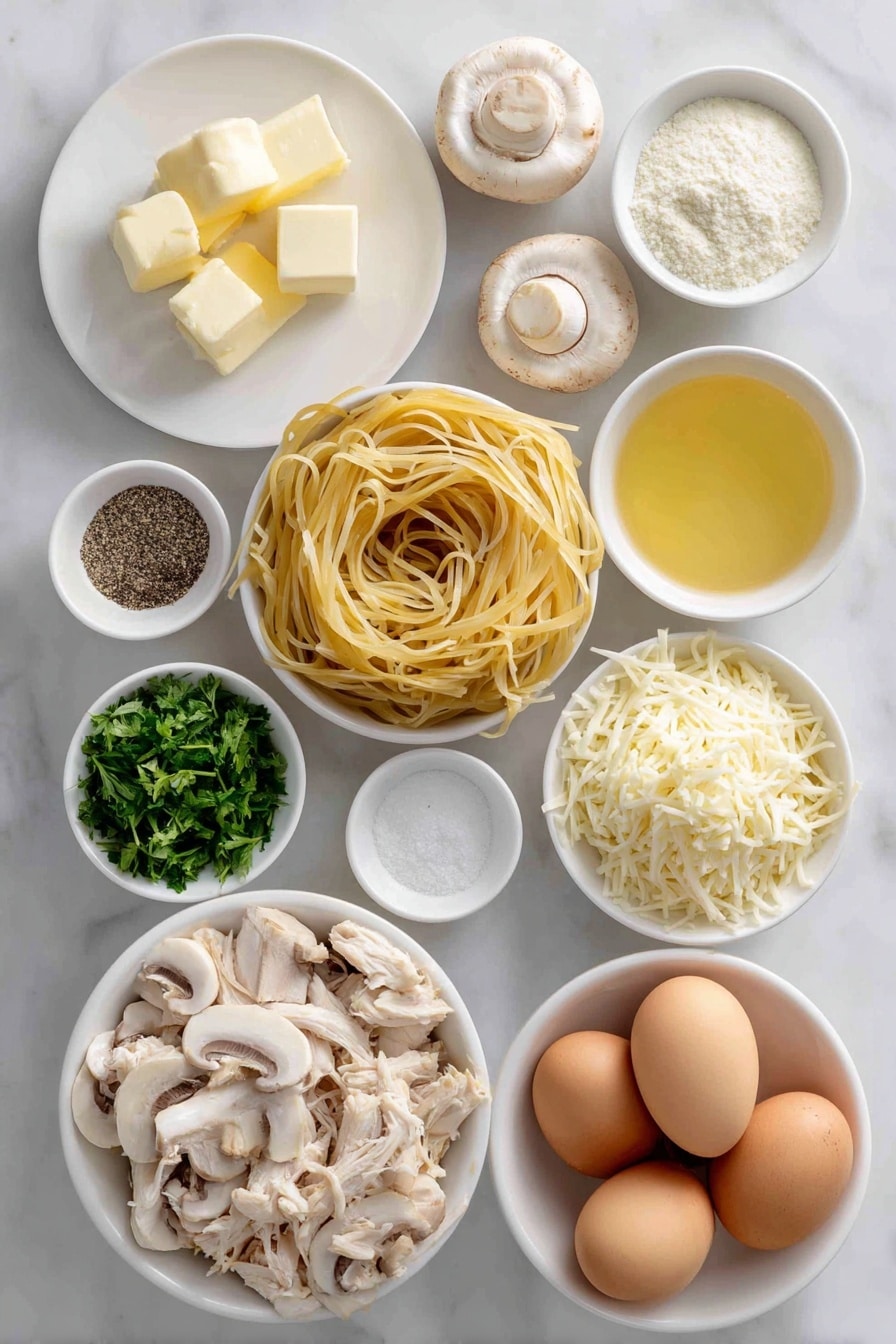 Flat lay of fresh linguine pasta nest, shredded rotisserie chicken chunks, thickly sliced white button mushrooms, finely chopped medium onion mound, four peeled garlic cloves, two tablespoons golden olive oil in a small white ceramic bowl, four tablespoons unsalted butter cubes on a white plate, small white bowl of all-purpose flour powder, small white bowl of clear low-sodium chicken broth, small white bowl with fresh lemon juice, small white bowl holding creamy half and half, small white bowl of coarse sea salt crystals, small white bowl with freshly ground black pepper, small white bowl of chopped bright green parsley, small white bowl heaped with shredded white mozzarella cheese, whole uncracked brown eggs arranged symmetrically, all ingredients placed on a clean white marble surface, soft natural light, photo taken with an iPhone, professional food photography style, fresh ingredients, white ceramic bowls, no bottles, no duplicates, no utensils, no packaging --ar 2:3 --v 7 --p awthu7i m7354615311229779997 - Creamy Chicken Tetrazzini Bake, chicken tetrazzini bake, creamy pasta casserole, easy chicken baked pasta, comfort food recipes