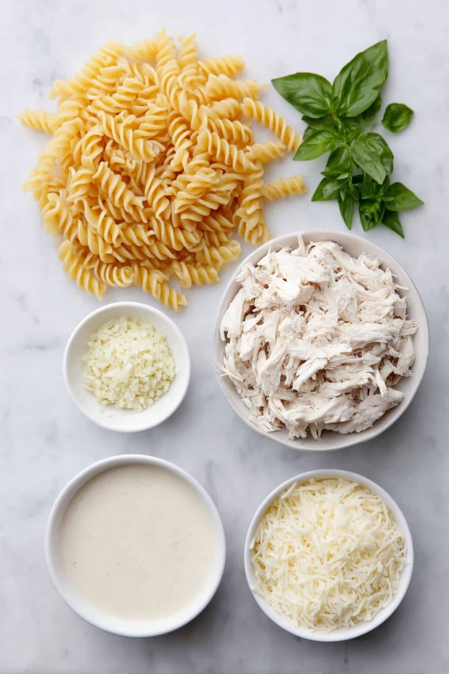 Flat lay of uncooked rotini pasta in a small heap, a few pieces of shredded rotisserie chicken piled neatly, a small white bowl filled with creamy Alfredo sauce, a small white bowl holding chicken stock, a small white bowl with finely minced garlic, a small white bowl heaped with shredded mozzarella cheese, a small white bowl containing grated Parmesan cheese, and a few sprigs of fresh basil, oregano, and parsley arranged symmetrically, all placed on a clean white marble surface, soft natural light, photo taken with an iPhone, professional food photography style, fresh ingredients, white ceramic bowls, no bottles, no duplicates, no utensils, no packaging --ar 2:3 --v 7 --p awthu7i m7354615311229779997 - Chicken Alfredo Bake, creamy chicken Alfredo pasta, easy baked Alfredo chicken, cheesy chicken casserole, weeknight dinner recipes