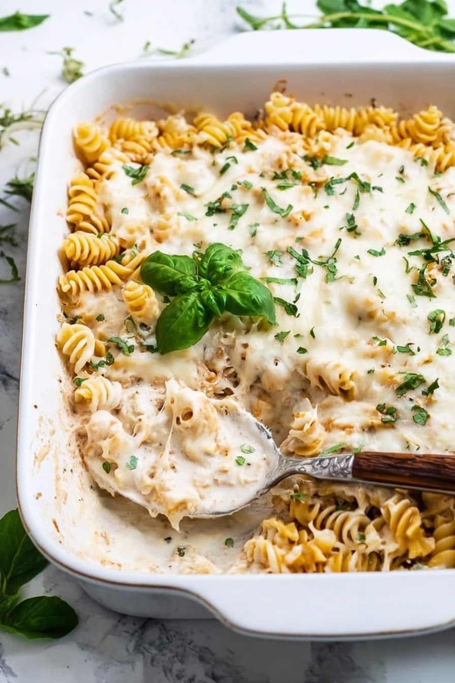 The dish is a pasta bake served in a white rectangular baking dish. The top layer is melted white cheese sprinkled with chopped green herbs. Underneath, yellow spiral pasta is mixed with a creamy sauce that looks smooth and light in color. The pasta layer is thick and fills most of the dish. A silver spoon with a wooden handle is scooping a portion from the right side, showing the creamy sauce and pasta inside. A small green basil leaf sits on top for decoration. The background is a white marbled surface with some green leaves scattered around. Photo taken with an iphone --ar 2:3 --v 7 - Chicken Alfredo Bake, creamy chicken Alfredo pasta, easy baked Alfredo chicken, cheesy chicken casserole, weeknight dinner recipes