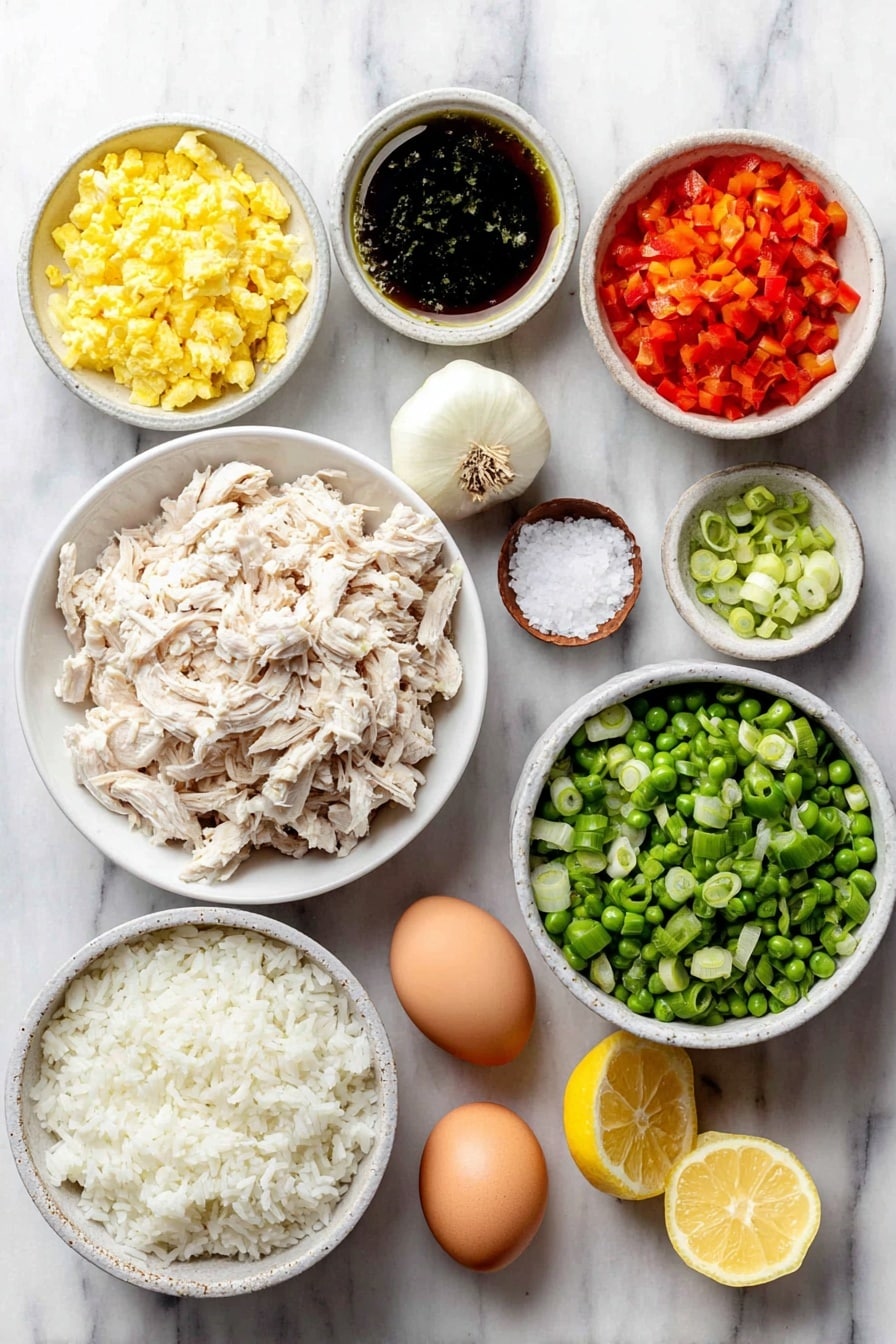 Flat lay of a small white ceramic bowl of neutral avocado oil, a peeled and diced yellow onion, a finely chopped red bell pepper, two peeled garlic cloves, a small white bowl of fresh green frozen peas, a small pile of cooked shredded white chicken meat, a small white bowl of sesame oil, a neat mound of boiled and cooled long-grain rice, two whole uncracked brown eggs, a small white bowl of dark soy sauce, a small pinch of salt beside the bowls, half a fresh lemon cut with visible juice, and a small bunch of chopped spring onions arranged symmetrically, placed on a clean white marble surface, soft natural light, photo taken with an iPhone, professional food photography style, fresh ingredients, white ceramic bowls, no bottles, no duplicates, no utensils, no packaging --ar 2:3 --v 7 --p awthu7i m7354615311229779997 - Easy Chicken Fried Rice, quick chicken fried rice, easy fried rice recipe, homemade chicken fried rice, best chicken fried rice