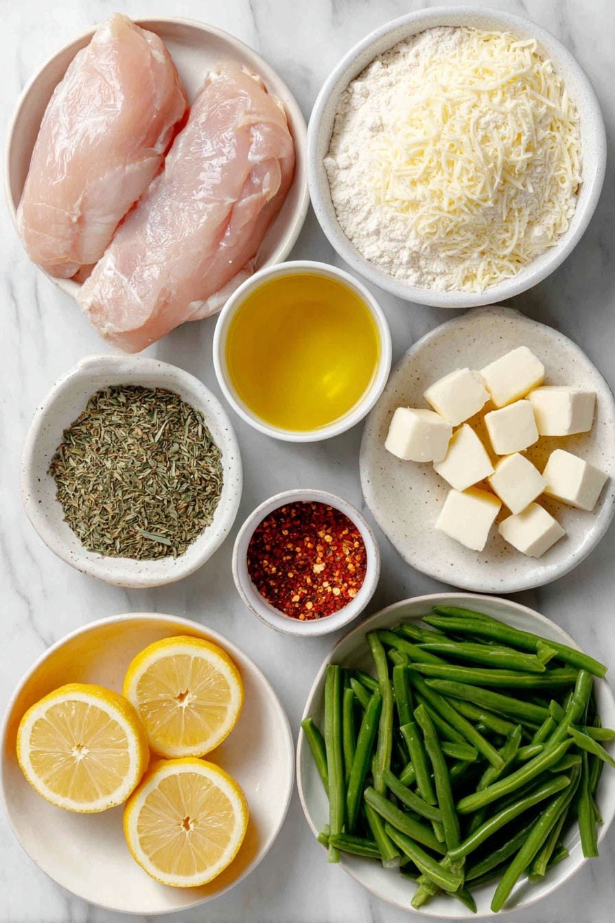 Flat lay of a small mound of pale all-purpose flour in a simple white ceramic bowl, a small white bowl filled with finely grated pale yellow parmesan cheese, a small white bowl holding golden olive oil, a few sprigs of dried Italian seasoning herbs, two whole boneless, skinless raw chicken breasts with a pale pink hue, a whole fresh lemon sliced into thin rounds arranged neatly on a white ceramic plate, a small white bowl containing bright yellow lemon juice, four plump peeled garlic cloves and four minced garlic pieces in a separate small white bowl, a pinch of vibrant red pepper flakes in a tiny white bowl, four small cubes of cold butter with a creamy pale yellow color on a white ceramic dish, and fresh green beans cut into one-inch pieces scattered neatly on a plain white ceramic plate—all ingredients fresh and natural, no packaging or utensils, perfect symmetry and balanced layout, placed on a clean white marble surface, soft natural light, photo taken with an iPhone, professional food photography style, fresh ingredients, white ceramic bowls, no bottles, no duplicates, no utensils, no packaging --ar 2:3 --v 7 --p awthu7i m7354615311229779997 - Garlic Lemon Butter Chicken Skillet, easy chicken skillet recipes, quick chicken dinner, flavorful chicken recipes, weeknight chicken ideas