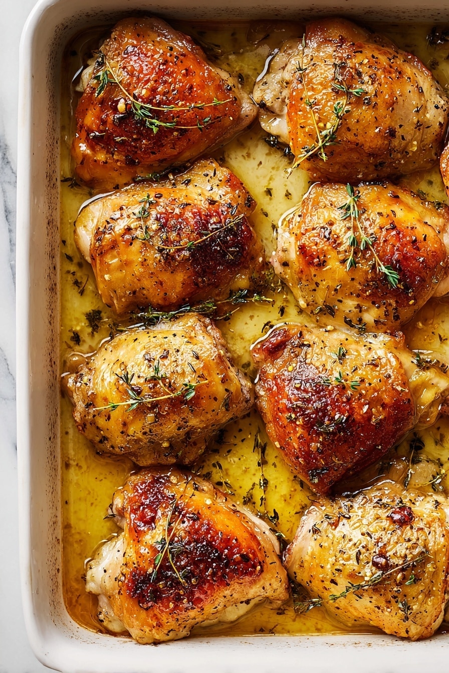 A white baking dish filled with eight pieces of cooked chicken thighs, arranged in two close rows. Each chicken thigh has golden brown, crispy skin with visible herbs and small green sprigs of thyme scattered on top and in the cooking juices. The surface of the chicken looks shiny and moist with a slightly caramelized texture and some black pepper specks. The dish sits on a white marbled surface. Photo taken with an iphone --ar 2:3 --v 7 - Honey Mustard Chicken Thighs, Honey Mustard Chicken Thighs recipe, easy chicken thigh recipes, flavorful weeknight chicken dinner, crispy baked chicken thighs