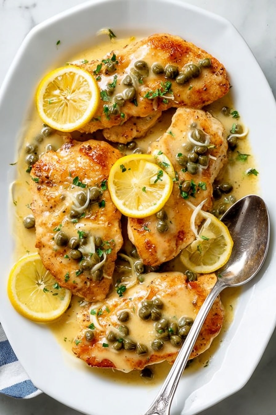 The image shows a white plate filled with five golden brown chicken pieces layered with a creamy light yellow sauce that has green capers scattered all over. Around the chicken, there are bright yellow lemon wedges placed evenly, adding pops of color. Thin slices of garlic and small green herbs are sprinkled on top, enhancing texture and detail. The sauce looks smooth and coats the chicken well, with some sauce pooling slightly on the plate's edges. A silver spoon is placed on the right side of the plate, partially under the chicken, and the whole setup sits on a white marbled surface. Photo taken with an iphone --ar 2:3 --v 7 - Easy Chicken Piccata with Lemon and Capers, Chicken Piccata, Lemon Chicken, Capers Chicken Recipe, Italian Chicken Dishes