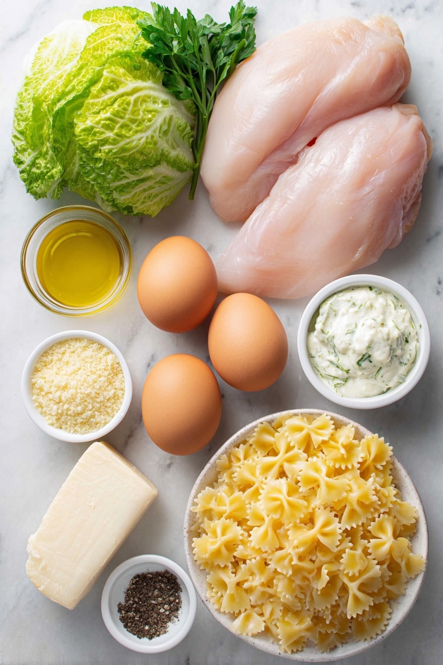 Flat lay of boneless skinless chicken breasts with smooth, pale pink surface, two whole brown eggs with clean shells, a few sprigs of fresh flat-leaf parsley, three Romaine lettuce hearts roughly chopped with vibrant green leaves, a small white ceramic bowl of golden olive oil, a small white ceramic bowl filled with creamy Caesar dressing, a small white ceramic bowl holding golden Panko breadcrumbs, two peeled garlic cloves whole and fresh, a mound of uncooked farfalle pasta with its distinctive bow-tie shape and pale yellow color, a chunk of Parmesan cheese with natural rind partially cut, a small white ceramic bowl of softened butter, a small white ceramic bowl with fine sea salt crystals, and a small white ceramic bowl containing freshly ground black peppercorns—all arranged in perfect symmetry on a clean white marble surface, soft natural light, photo taken with an iPhone, professional food photography style, fresh ingredients, white ceramic bowls, no bottles, no duplicates, no utensils, no packaging --ar 2:3 --v 7 --p m7354615311229779997 - Chicken Caesar Pasta Salad, Chicken Caesar Pasta, Caesar Pasta Salad, Easy Chicken Pasta Salad, Make-Ahead Pasta Salad