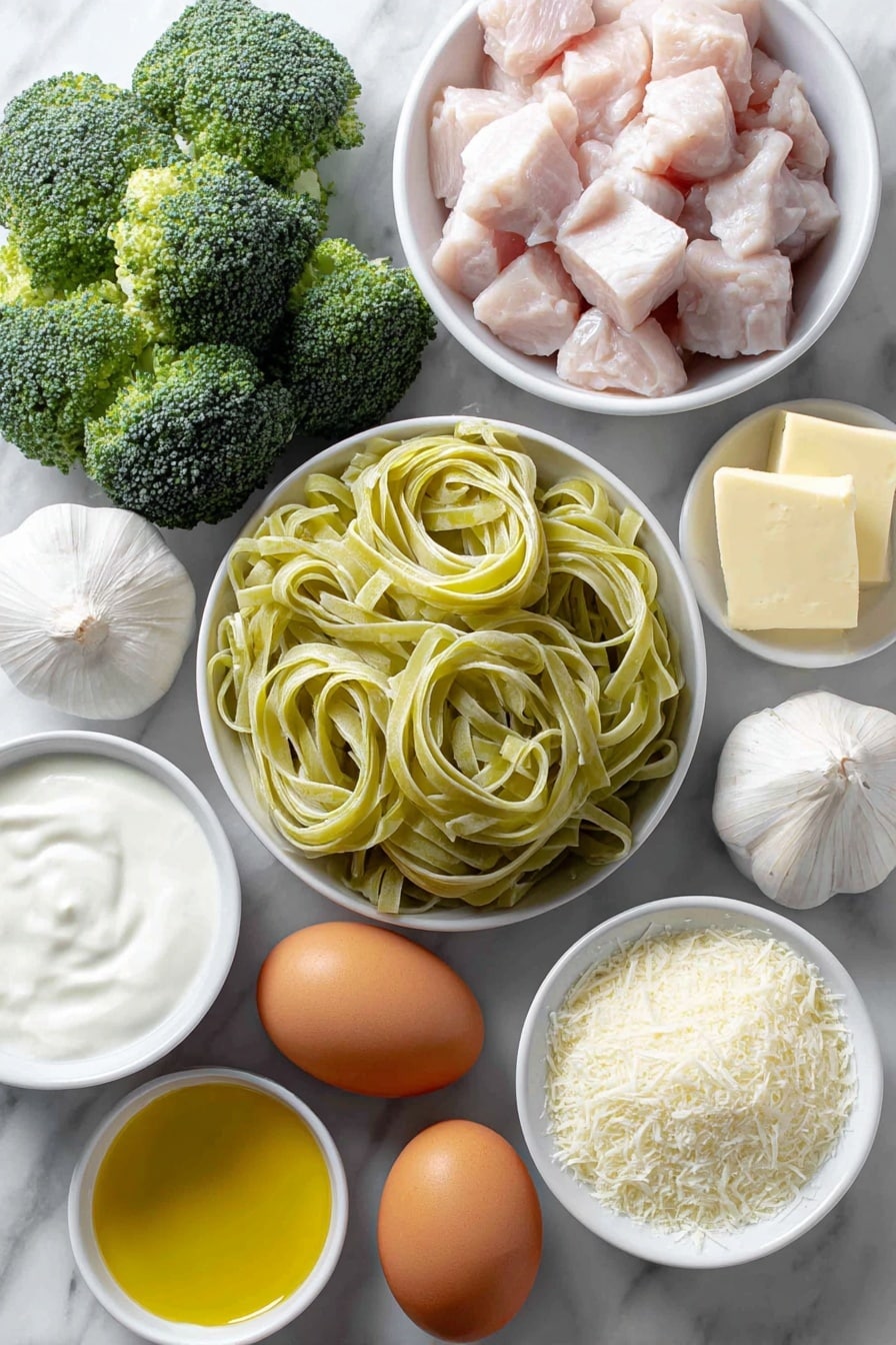 Flat lay of fresh fettuccine pasta nests, vibrant green broccoli florets, raw boneless skinless chicken breast cubes, a few tablespoons of smooth pale butter in a small white ceramic bowl, three whole uncracked garlic cloves, a small white bowl filled with thick heavy cream, a small white bowl heaped with finely grated parmesan cheese, a small white bowl holding golden olive oil, and two whole brown eggs placed symmetrically, all arranged neatly on a clean white marble surface, soft natural light, photo taken with an iPhone, professional food photography style, fresh ingredients, white ceramic bowls, no bottles, no duplicates, no utensils, no packaging --ar 2:3 --v 7 --p m7354615311229779997 - Creamy Chicken Broccoli Fettuccine Alfredo, Chicken Fettuccine Alfredo, Easy Chicken Pasta, Homemade Alfredo Sauce, Quick Weeknight Dinner