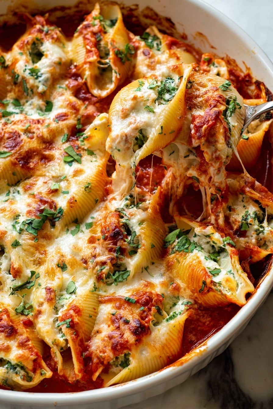 A white round baking dish filled with large pasta shells layered with bright red tomato sauce and creamy white cheese mixture; each shell is full and topped with melted white cheese that stretches slightly, with some toasted spots. Fresh green chopped herbs are scattered over the pasta, adding a pop of color. A spoon is lifting one shell, showing the cheese and green herb filling inside. The dish rests on a white marbled surface. photo taken with an iphone --ar 2:3 --v 7 - Chicken and Spinach Stuffed Shells, stuffed pasta shells with chicken, healthy stuffed shells recipe, easy chicken spinach pasta bake, comfort food stuffed shells