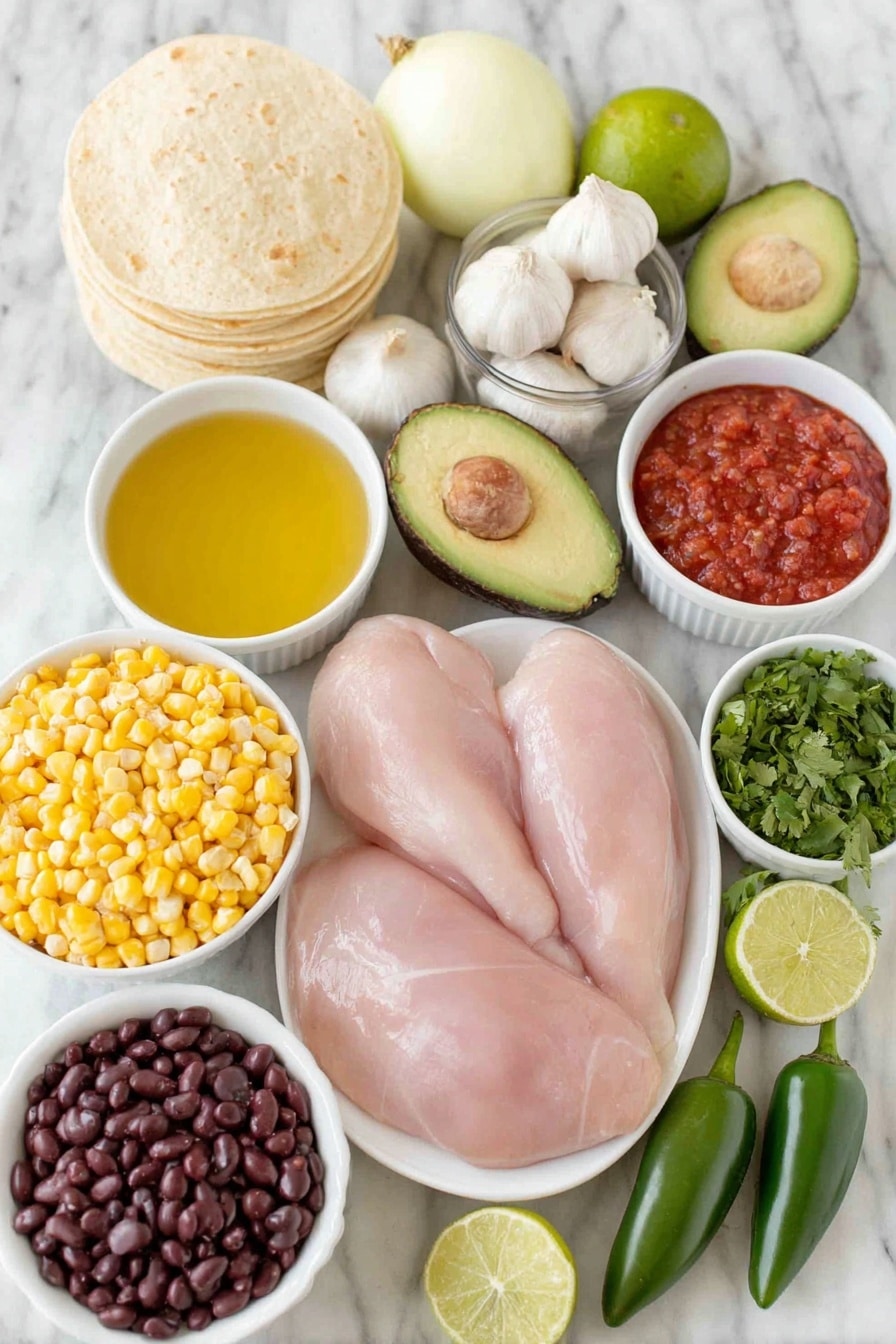 Flat lay of a small white ceramic bowl of light olive oil, a large yellow onion halved showing its fresh layers, four whole garlic cloves with clean skins, two green jalapeno peppers whole and uncut, a small white bowl of golden chicken broth, a small white bowl filled with bright red crushed tomatoes, two medium raw chicken breasts with smooth skin, a small white bowl of fresh yellow corn kernels, a small white bowl of shiny black beans, a small white bowl of ground chili powder, a small white bowl of ground cumin, a small white bowl of coarse salt crystals, a small pile of bright green chopped cilantro leaves, a whole lime cut in half showing juicy interior alongside a small white bowl with fresh lime juice, a neat stack of fresh yellow corn tortillas, a ripe avocado halved displaying green flesh and pit, and a whole lime cut into wedges arranged in perfect symmetry, placed on a clean white marble surface, soft natural light, photo taken with an iPhone, professional food photography style, fresh ingredients, white ceramic bowls, no bottles, no duplicates, no utensils, no packaging --ar 2:3 --v 7 --p m7354615311229779997 - Easy Chicken Tortilla Soup, chicken tortilla soup, hearty soup recipes, quick chicken soup, comforting dinner ideas