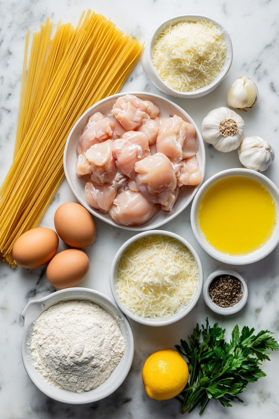 Flat lay of a small pile of uncooked linguine pasta strands, three plump raw chicken breasts cut into bite-size pieces, a small bowl of fine cornflour, a few whole uncracked brown eggs, a small peeled yellow onion finely chopped, three whole garlic cloves peeled, a small white bowl with golden cooking oil, a small white bowl filled with rich heavy cream, a small white bowl of bright yellow lemon juice, a small white bowl with strong chicken stock, a small mound of finely grated parmesan cheese, a small bunch of fresh green parsley sprigs, a small white bowl of coarse black pepper, and a small pile of salt crystals, all arranged in perfect symmetry on a clean white ceramic surface, placed on a clean white marble surface, soft natural light, photo taken with an iPhone, professional food photography style, fresh ingredients, white ceramic bowls, no bottles, no duplicates, no utensils, no packaging --ar 2:3 --v 7 --p m7354615311229779997 - Garlic Parmesan Chicken Pasta, chicken pasta recipes, creamy garlic pasta, easy weeknight dinner, homemade pasta with chicken