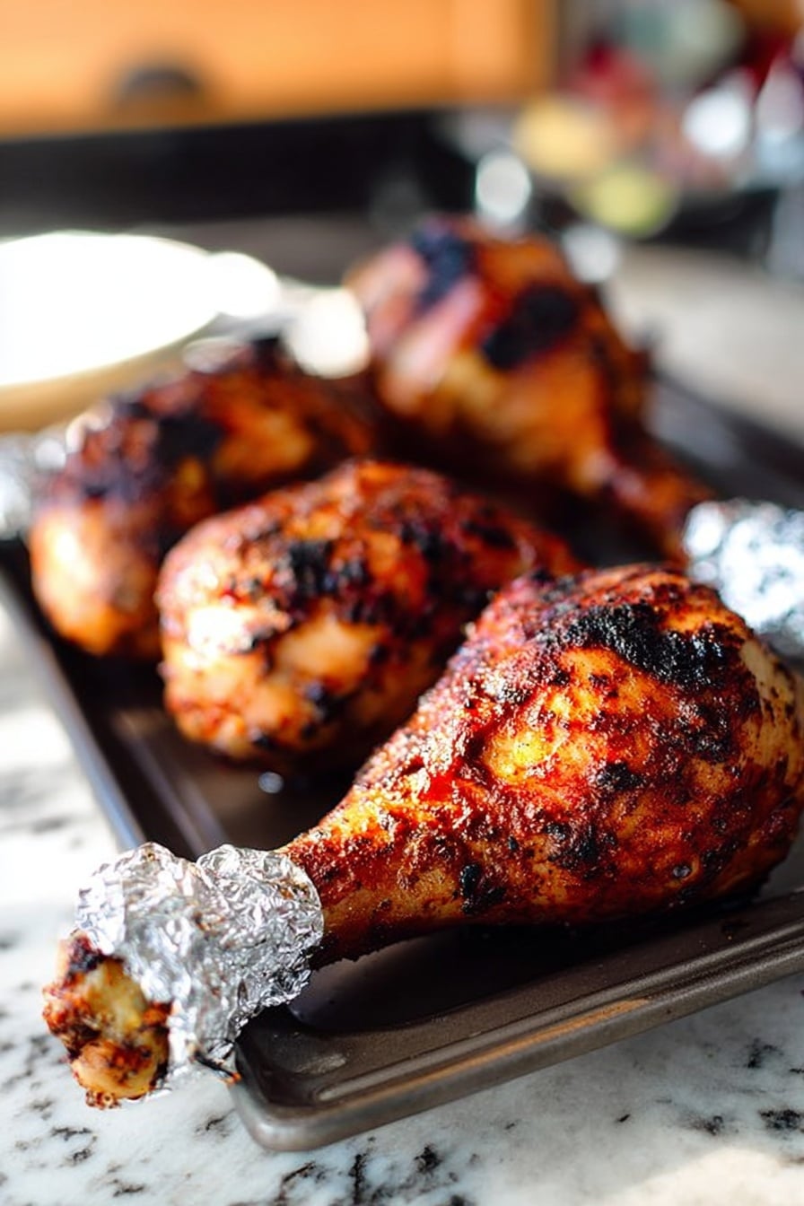 A single roasted chicken leg is shown held by a woman's hand, wrapped in aluminum foil at the bottom to provide a grip. The chicken skin is cooked to a golden brown with darkened, crispy spice rub visible all over its surface. The background is softly blurred wood tones, making the chicken leg the clear focus. The photo is detailed, showing the texture of the cooked skin and spices. photo taken with an iphone --ar 2:3 --v 7 - Caveman Roasted Turkey Legs, roasted turkey legs recipe, juicy turkey leg cooking, spicy turkey leg ideas, open fire turkey legs