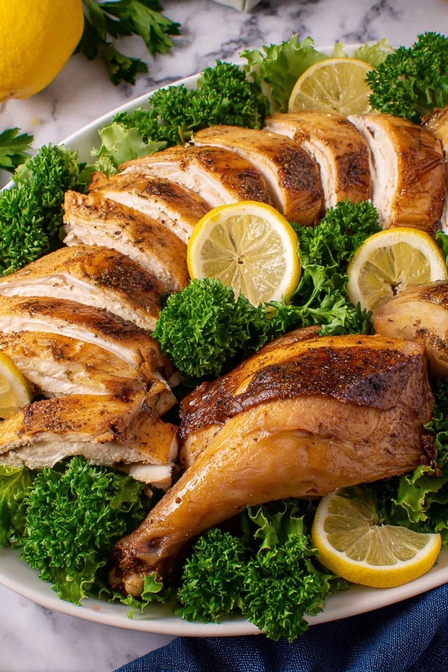 A whole roasted turkey with a golden-brown crispy skin sits in the center of a large white oval plate. It is surrounded by a thick layer of bright green curly kale leaves forming a ring around the bird. Inside the kale, evenly spaced light yellow lemon slices with visible seeds and a few sprigs of fresh herbs rest, adding contrast. The plate is placed on a white marbled surface with a gold fork and spoon nearby on the right side and a navy blue cloth on the left. The overall scene looks warm and inviting, photo taken with an iphone --ar 2:3 --v 7 - Lemon Herb Turkey Roast, Lemon Herb Turkey Roast recipe, How to make Lemon Herb Turkey Roast, Roast turkey with lemon and herbs, Juicy Lemon Herb Turkey