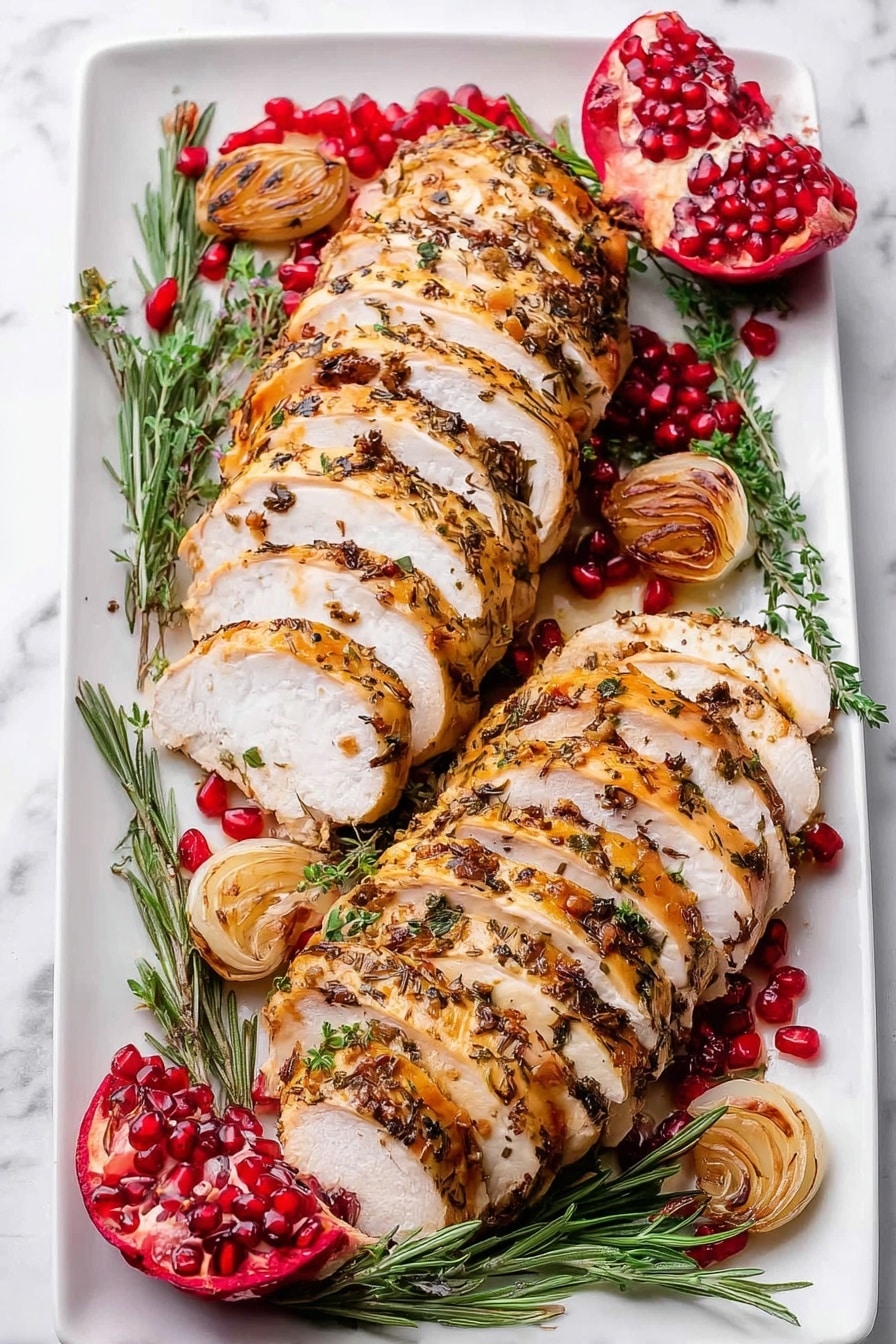 The dish shows two rows of sliced cooked chicken, each slice pale inside with a golden-brown crust speckled with herbs, arranged side by side on a white rectangular plate. Around the chicken are scattered ruby red pomegranate seeds and fresh green rosemary sprigs, adding color contrast. There are three quartered pomegranate sections placed on the plate's edges and two halved roasted garlic bulbs with soft golden cloves visible. The plate rests on a white marbled surface. photo taken with an iphone --ar 2:3 --v 7 - Maple Glazed Turkey Breast Roast, turkey breast roast with maple glaze, easy holiday turkey recipes, juicy turkey breast recipes, flavorful turkey meat dish