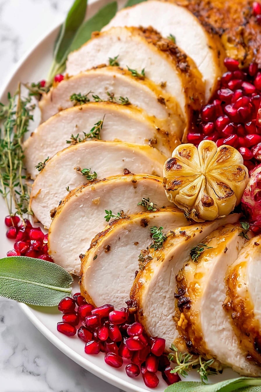 This image shows a white plate holding several slices of roasted turkey arranged in a slight curve, each slice showing a golden-brown edge and tender white inside, garnished with small green herb leaves scattered on top. At the center, a half head of roasted garlic with light golden cloves is placed upright, adding texture and warmth. Around the turkey slices and garlic are bright red pomegranate seeds and bigger clusters, adding bright spots of color, with light green leaves beneath the turkey giving a fresh contrast. The background is a white marbled texture. photo taken with an iphone --ar 2:3 --v 7 - Maple Glazed Turkey Breast Roast, turkey breast roast with maple glaze, easy holiday turkey recipes, juicy turkey breast recipes, flavorful turkey meat dish