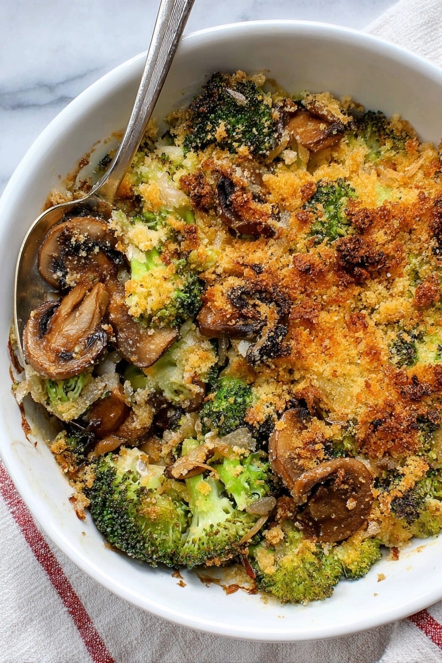 A white oval dish filled with a baked broccoli and mushroom casserole, showing about three layers: the bottom layer is steamed broccoli with bright green stalks and dark green tops, the middle layer has cooked brown mushrooms with a soft texture, and the top layer is a golden-brown crispy breadcrumb topping that covers the vegetables unevenly. A silver spoon rests inside the dish, partially scooping up some broccoli and mushroom pieces. The dish sits on a round wooden board, and the background is a white marbled surface. Photo taken with an iphone --ar 2:3 --v 7 - Healthy Broccoli Mushroom Casserole, healthy vegetable casserole, easy broccoli mushroom bake, nutritious mushroom and broccoli dish, wholesome casserole recipe