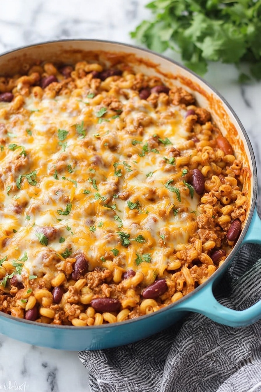 A large white pot filled with cooked elbow macaroni mixed with kidney beans and ground meat in a reddish-orange sauce. The top layer has melted cheese scattered unevenly with some small green herb pieces on it. A wooden spoon with a white and gray handle is partially submerged in the food on the right side. The pot is placed on a white marbled surface, and a bunch of fresh green parsley is partially shown in the top left corner. Photo taken with an iphone --ar 2:3 --v 7 - Turkey Chili Mac and Cheese, Turkey Chili Mac and Cheese recipe, comforting turkey pasta, one-pot turkey chili mac, healthy ground turkey dinner