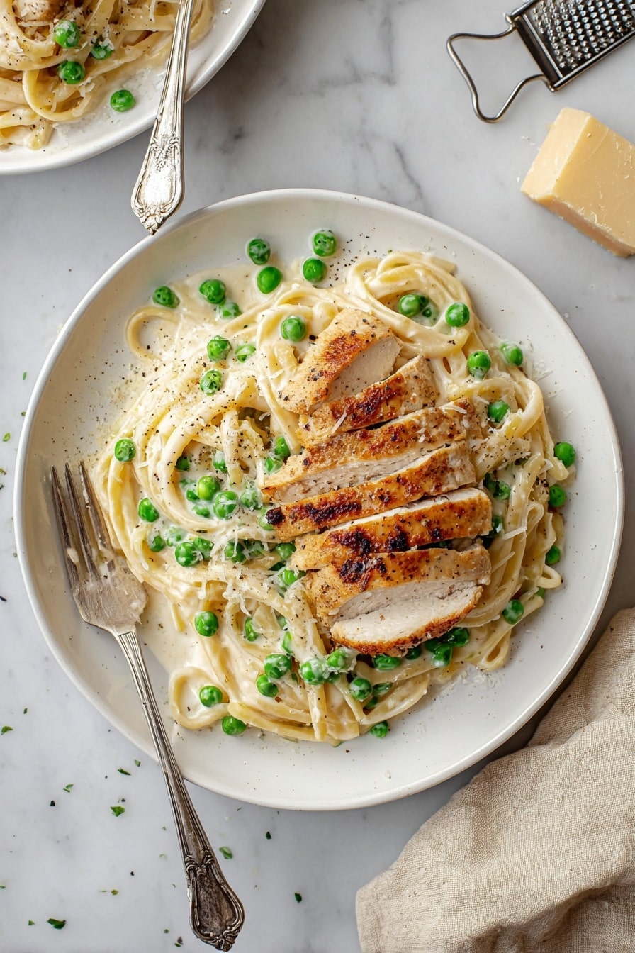 A white plate holds a serving of creamy fettuccine pasta mixed with bright green peas. On top, two thick, cooked pieces of golden brown chicken sit side by side, sprinkled lightly with grated cheese. The pasta is coated in a smooth, light cream sauce with some black pepper visible. A silver fork and spoon rest on the left side of the plate. The background is a white marbled surface and in the upper right corner, there is a cheese grater with some grated cheese on it, along with a larger piece of cheese. A second white plate with the same dish is partly visible in the background. photo taken with an iphone --ar 2:3 --v 7 - Turkey Alfredo Pasta, creamy turkey pasta, easy turkey pasta recipe, fall comfort food, leftover turkey pasta