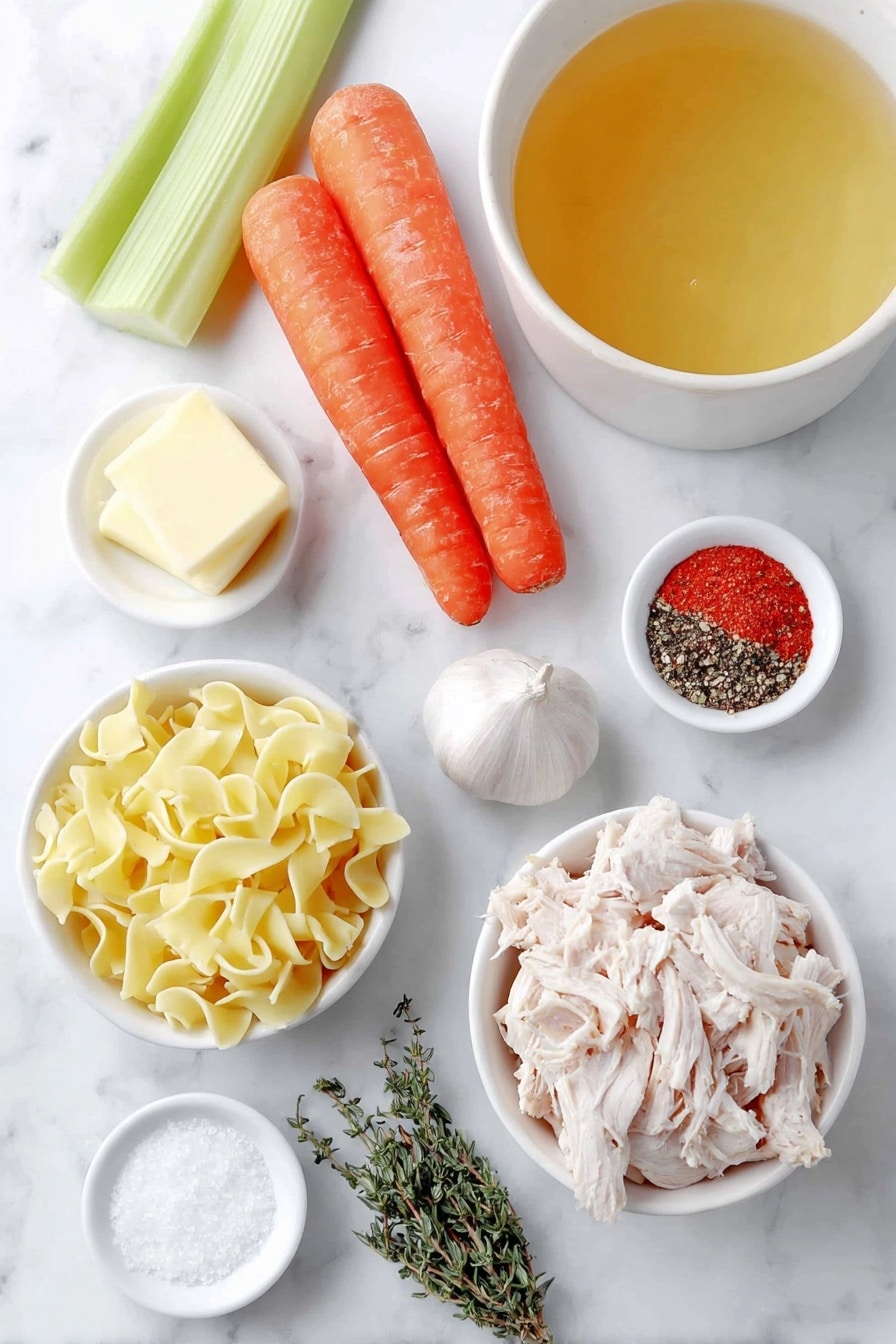 Flat lay of a small pat of butter, two fresh celery ribs with leaves, three large bright orange carrots, a single garlic clove, a white ceramic bowl filled with golden chicken stock, a small white bowl of coarse sea salt, a small white bowl of freshly ground black pepper, a small white bowl containing dried rosemary sprigs, another small white bowl with dried thyme leaves, a small white bowl with crushed red pepper flakes, a neat pile of homemade egg noodles, a small mound of shredded rotisserie chicken breast, and a small white bowl of chicken bouillon granules placed on a clean white marble surface, soft natural light, photo taken with an iPhone, professional food photography style, fresh ingredients, white ceramic bowls, no bottles, no duplicates, no utensils, no packaging --ar 2:3 --v 7 --p m7354615311229779997 - Homemade Chicken Noodle Soup, comforting chicken noodle soup, homemade chicken soup recipe, easy chicken noodle soup, flavorful chicken soup