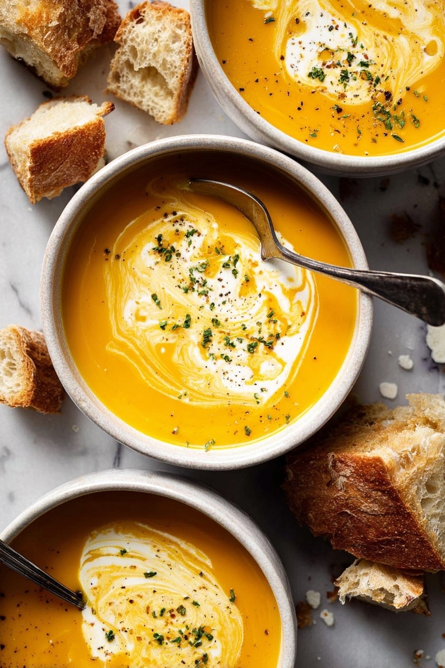 A light orange creamy soup is served in a white pot with a handle visible at the top and bottom. A metal ladle with a wooden handle is scooping some soup from the pot. There are swirls of white cream on the surface of the soup, mixed with green herbs sprinkled mostly near the middle and on one side. There is also a light dusting of orange spices scattered over the cream and around the soup. The background features a white marbled texture. Photo taken with an iphone --ar 2:3 --v 7 - Root Vegetable Soup with Curry and Cream, hearty vegetable soup, easy vegan soup recipes, comforting curry soup, healthy root vegetable dishes