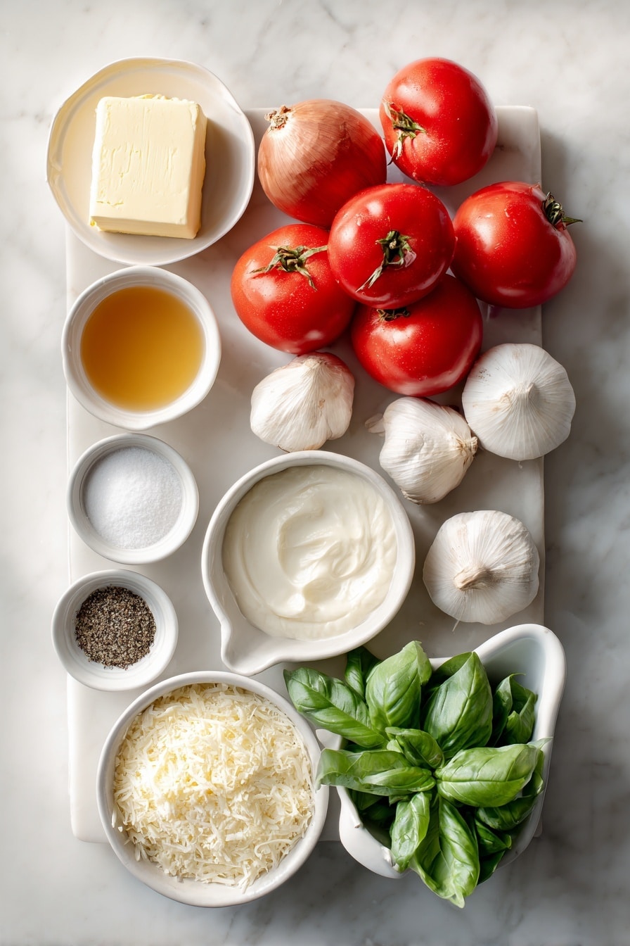 Flat lay of four tablespoons of unsalted butter, three whole yellow onions, three whole garlic bulbs with cloves, a large pile of crushed ripe red tomatoes with juice, a small white bowl of golden chicken stock, a small bunch of fresh green basil leaves, a small white bowl of white granulated sugar, a small white bowl of ground black pepper, a small white bowl of heavy cream, a small mound of freshly grated parmesan cheese, all arranged with perfect symmetry on a clean white marble surface, soft natural light, photo taken with an iPhone, professional food photography style, fresh ingredients, white ceramic bowls, no bottles, no duplicates, no utensils, no packaging --ar 2:3 --v 7 --p m7354615311229779997 - Creamy Tomato Soup with Basil, tomato basil soup, homemade tomato soup, easy tomato soup recipe, comforting tomato soup