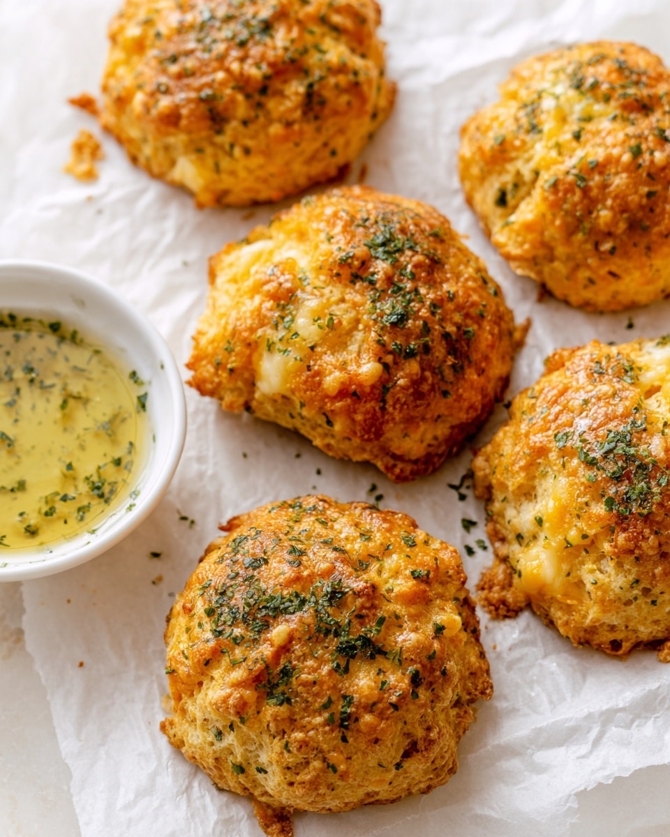 The image shows five round golden-brown biscuits with a rough, crunchy texture and sprinkled green herbs on top. The biscuits have a crumbly surface with melted cheese baked inside, giving them a slightly uneven shape. They are placed on white parchment paper that rests on a white marbled surface. In the top left corner, there is a small white bowl filled with a light yellow-green oily sauce speckled with herbs. The setting is bright and clean, highlighting the warm colors of the biscuits. Photo taken with an iphone --ar 4:5 --v 7