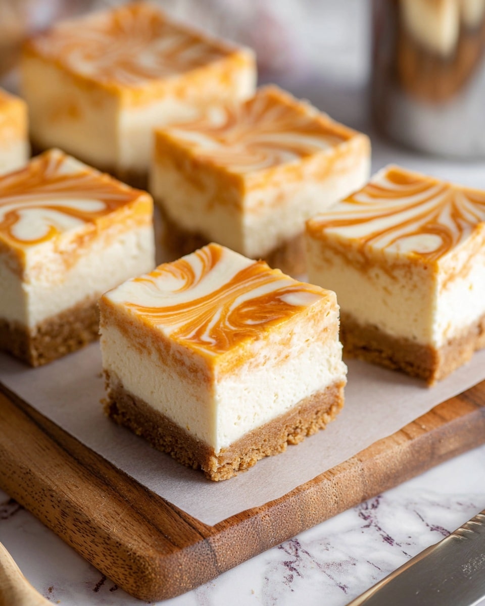The image shows a square piece of layered dessert with three visible layers. The bottom layer is a crumbly brown crust with a rough texture. The middle layer is thick, creamy, and off-white, smooth in texture. The top layer has a light brown color with lighter swirls running across the surface, creating a marbled pattern. The dessert sits on brown baking paper placed on a wooden board, with more pieces of the same dessert blurred in the background, all set on a white marbled surface. Photo taken with an iphone --ar 4:5 --v 7