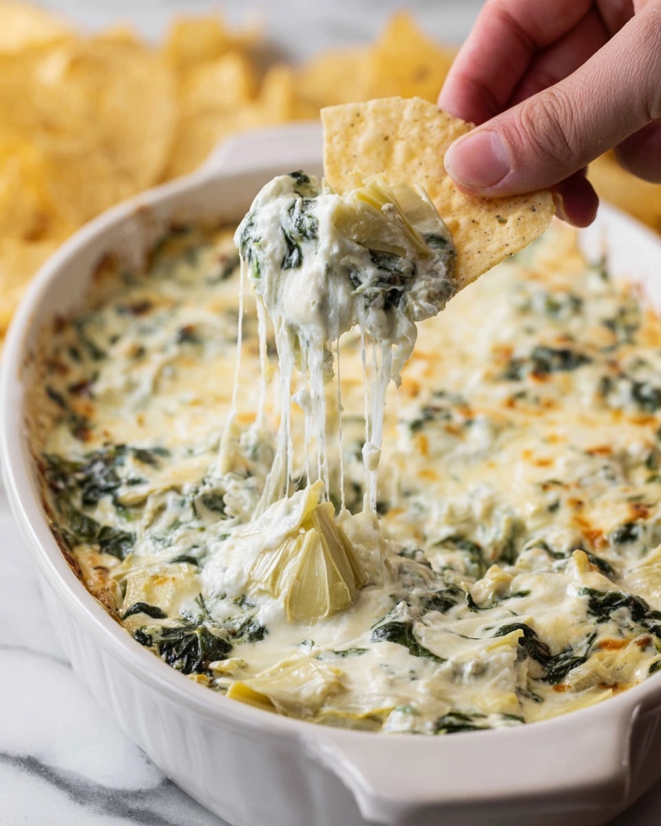 A white oval dish filled with a creamy spinach and artichoke dip showing a rich mix of white melted cheese with green spinach leaves and pale artichoke pieces. A woman’s hand is holding a tortilla chip dipped in the dip, with melted cheese stretching from the dish to the chip. The dip looks thick and rich, with visible textures from the soft spinach and tender artichoke chunks. The background surface is white with a marble texture. photo taken with an iphone --ar 4:5 --v 7