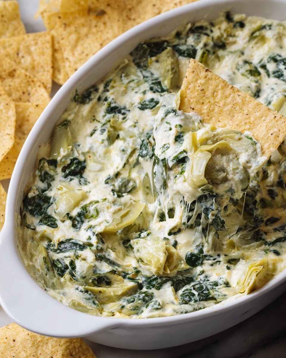 A white oval dish filled with creamy spinach and artichoke dip that has a thick, smooth texture mixed with chunks of green spinach leaves and pale yellow artichoke pieces. The dip is dense and shiny with a stretchy, cheesy consistency as a couple of light beige tortilla chips scoop into it from the top right side. One chip is partially inside the dip, lifting some mixture with visible strands of melted cheese pulling between the chip and the dish. The background shows a white marbled surface under the dish with a few more chips scattered near the bottom left corner. The image has a close-up, slightly angled view focusing on the dip and chips. Photo taken with an iphone --ar 4:5 --v 7
