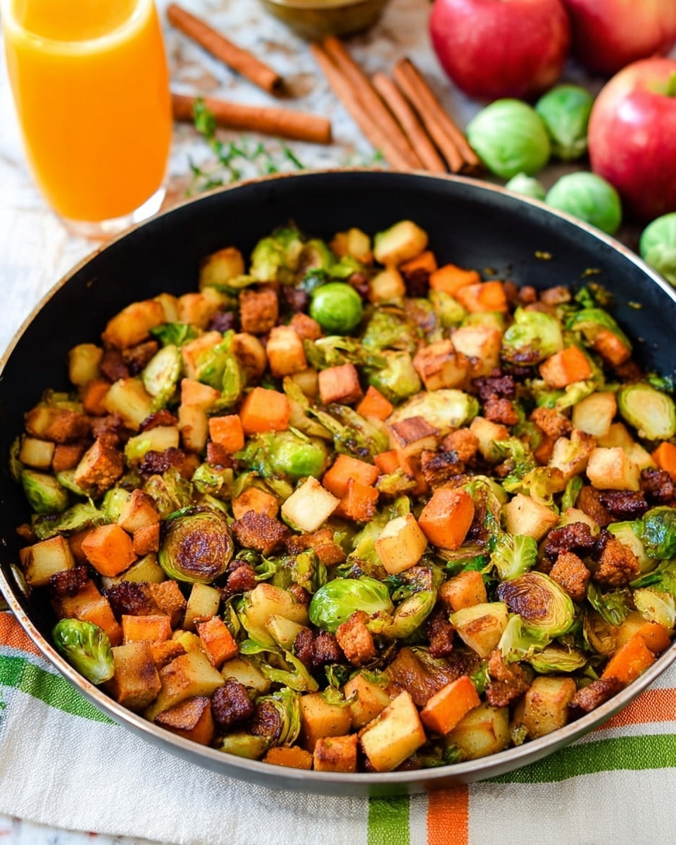 The image shows a black pan filled with a mix of cooked vegetables and small pieces of browned meat. The dish has chopped Brussels sprouts with green and light brown shades, diced sweet potatoes with orange tones, and light tan chunks of what looks like potatoes or another root vegetable. The meat pieces are small, dark brown, and scattered evenly throughout the vegetables, adding a rich, crispy texture. The surface under the pan has a white cloth with green and orange stripes, sitting on a white marbled texture. In the background, there is an orange glass of juice, a red apple, cinnamon sticks, and some loose Brussels sprouts, all softly blurred. Photo taken with an iphone --ar 4:5 --v 7