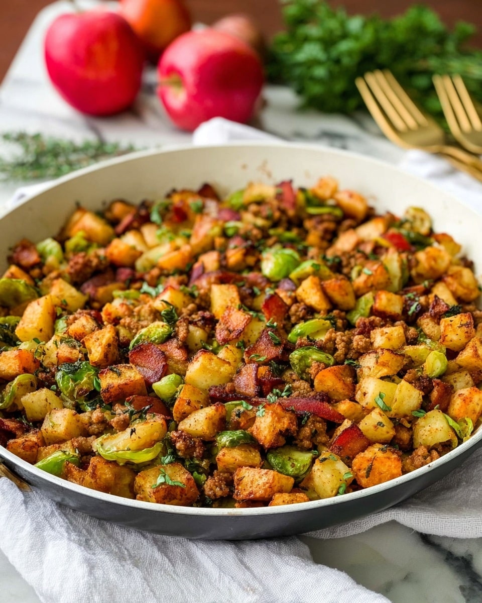 A close-up of a white frying pan filled with a colorful cooked mix of small diced vegetables and meat. The dish has several layers but looks well mixed, showing golden brown cubes with a crispy texture, bright green pieces that look like halved small leafy vegetables, and bits of browned meat with a slightly shiny look. The pan sits on a white marbled surface with a folded white cloth beneath it. In the background, there are blurred green leafy herbs, two red apples, and three gold forks arranged on the white marbled surface. Photo taken with an iphone --ar 4:5 --v 7
