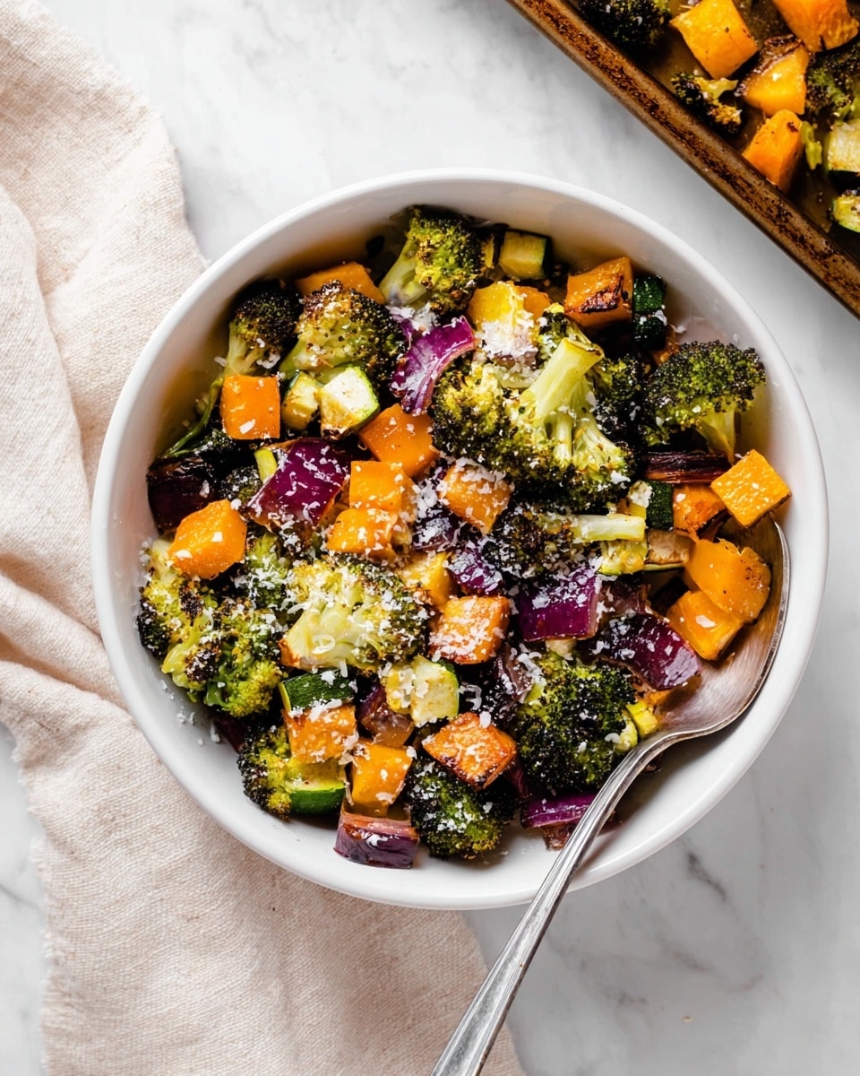 A white bowl holds a colorful mix of roasted vegetables layered together. The base layer is bright green broccoli florets, mixed with chunks of orange butternut squash and deep purple-red onion pieces. Scattered among these are smaller green zucchini cubes. The vegetables have a slightly charred texture, showing they are roasted, with a light sprinkling of white grated cheese on top. A silver spoon rests inside the bowl on the right side. The bowl sits on a white marbled surface with a cloth napkin partially visible on the lower left and part of a baking tray filled with more roasted vegetables in the upper right corner. Photo taken with an iphone --ar 4:5 --v 7