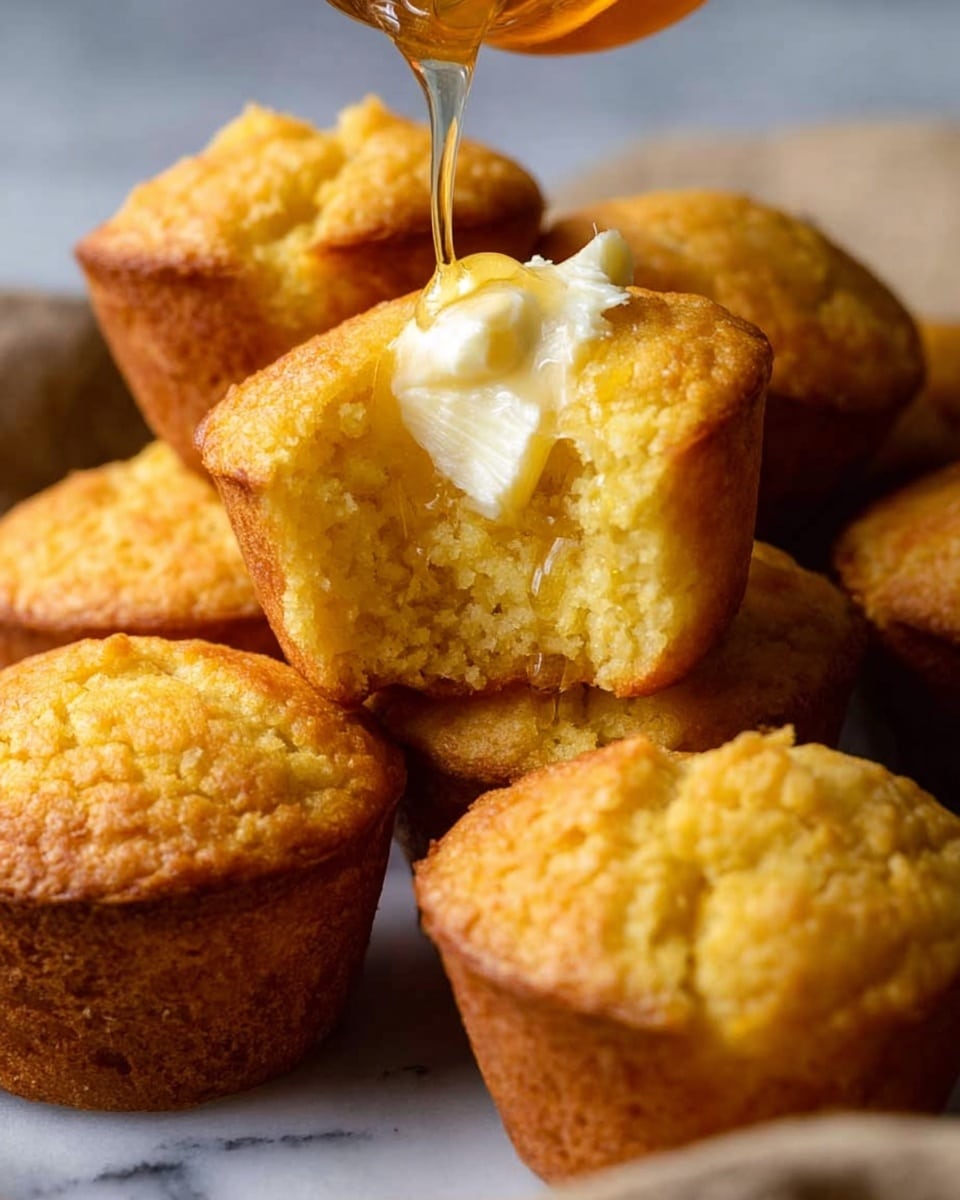 The image shows several golden yellow muffins with a rough, crumbly texture stacked closely together. One muffin is broken open in the center, revealing a soft, fluffy inside with a layer of creamy butter spread on it. A woman's hand is pouring clear, shiny honey on top of the butter, catching the light as it drips down. The muffins have a warm, slightly browned crust on the outside. The background is a white marbled texture. photo taken with an iphone --ar 4:5 --v 7