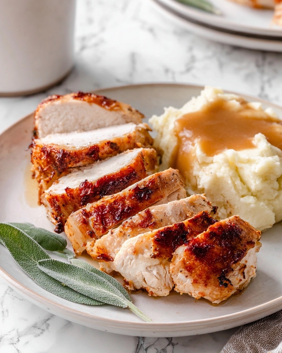 On a white plate, there are five thick slices of roasted chicken with golden brown, crispy skin on the outer side, and tender, white meat inside arranged in a slightly overlapping line from the front right to the back left of the plate. Next to the chicken, on the right side of the plate, is a serving of creamy mashed potatoes topped with light brown gravy that looks smooth and slightly thick. The plate sits on a white marbled surface, and a green herb leaf is placed near the bottom edge of the plate. In the background to the top left, there is a white cup partially visible. Photo taken with an iphone --ar 4:5 --v 7